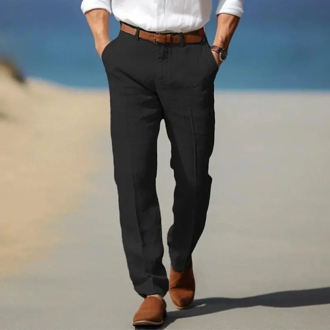 Lniane spodnie męskie – luźny krój, zamek, szlufki - Arkadya Outlet - Men Pants