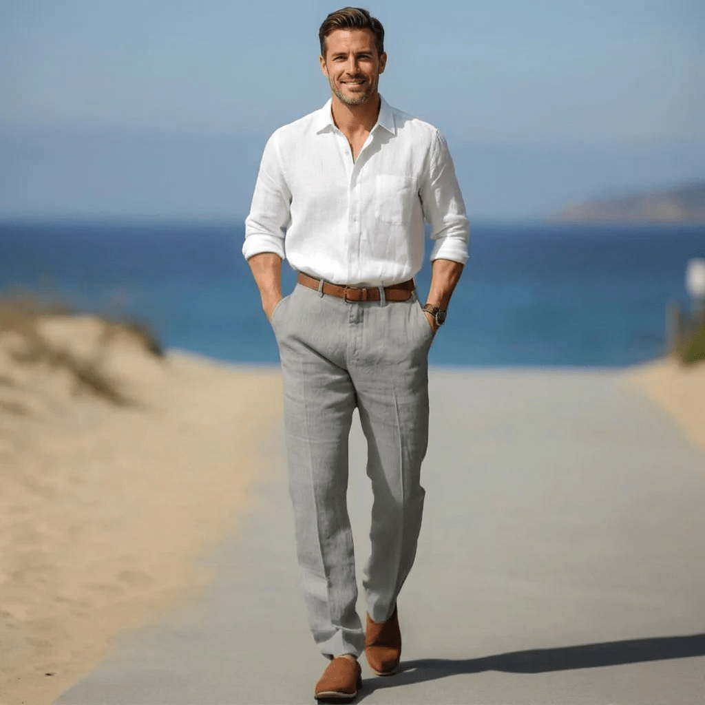 Lniane spodnie męskie – luźny krój, zamek, szlufki - Arkadya Outlet - Men Pants