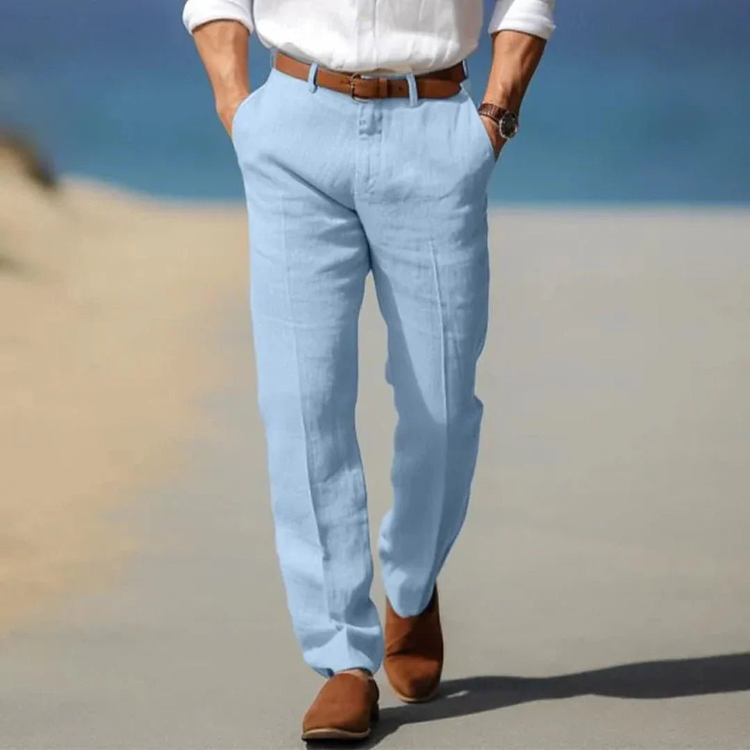 Lniane spodnie męskie – luźny krój, zamek, szlufki - Arkadya Outlet - Men Pants