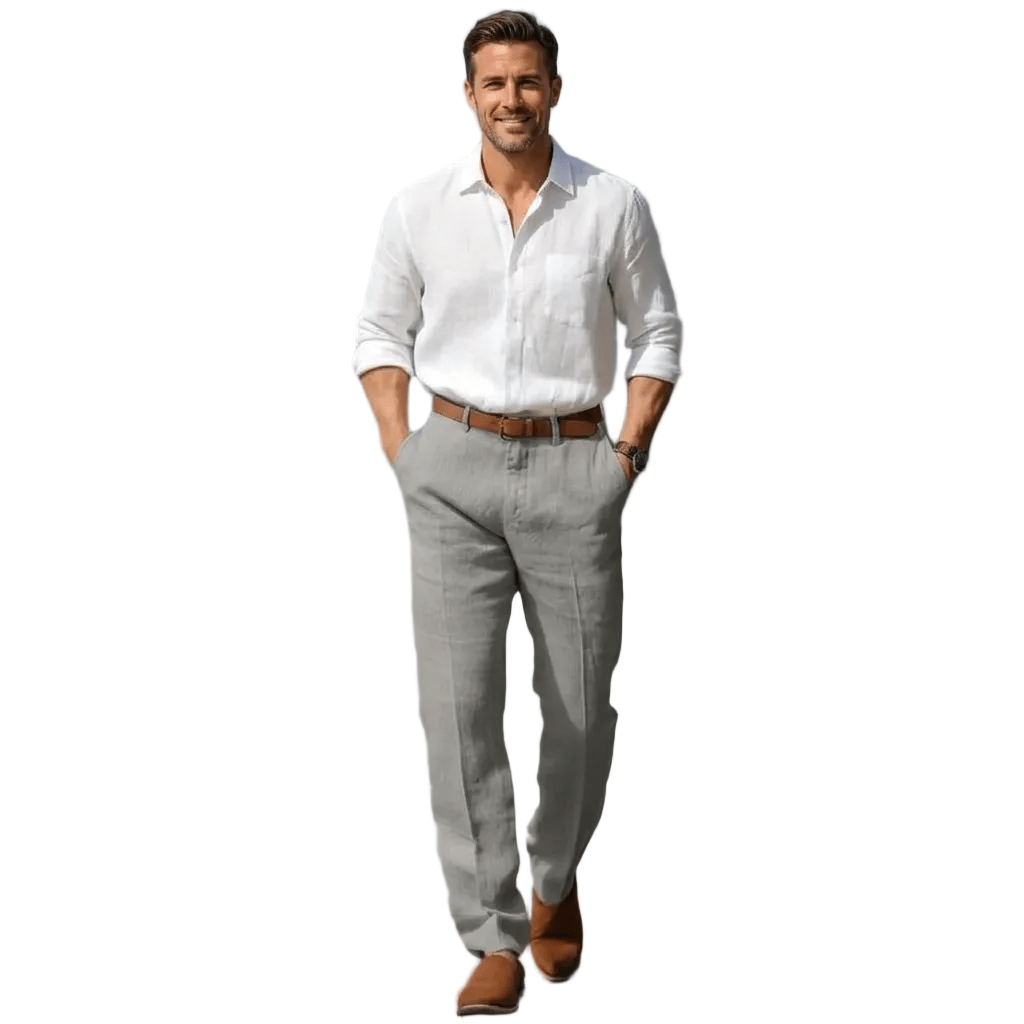 Lniane spodnie męskie – luźny krój, zamek, szlufki - Arkadya Outlet - Men Pants