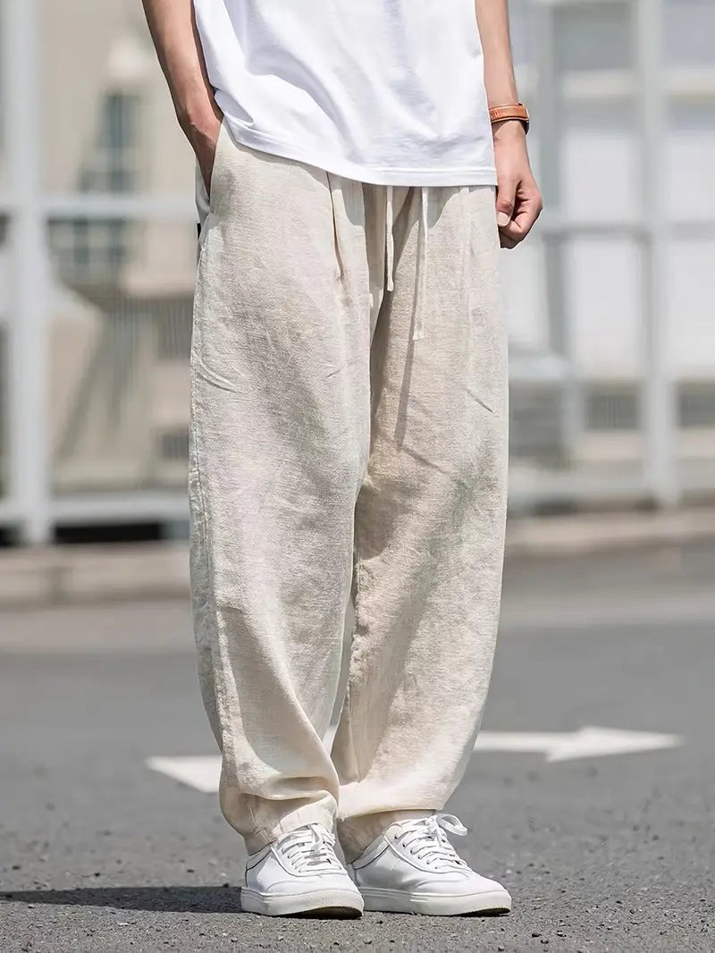 Lniane spodnie męskie – szerokie nogawki, długość kostka - Arkadya Outlet - Men Pants