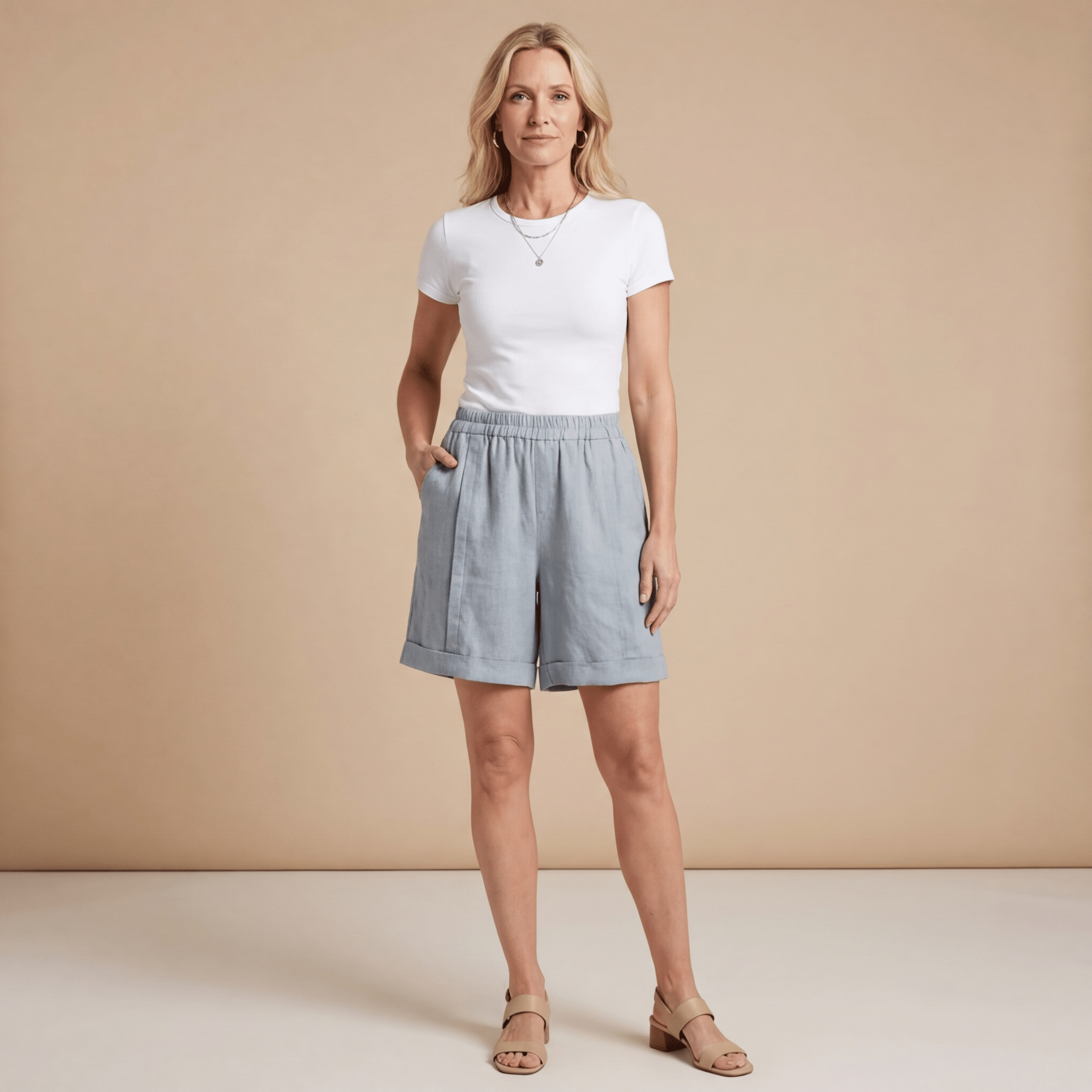 Lniane szorty damskie – elastyczny pas, podwinięty dół - Arkadya Outlet - Women Short