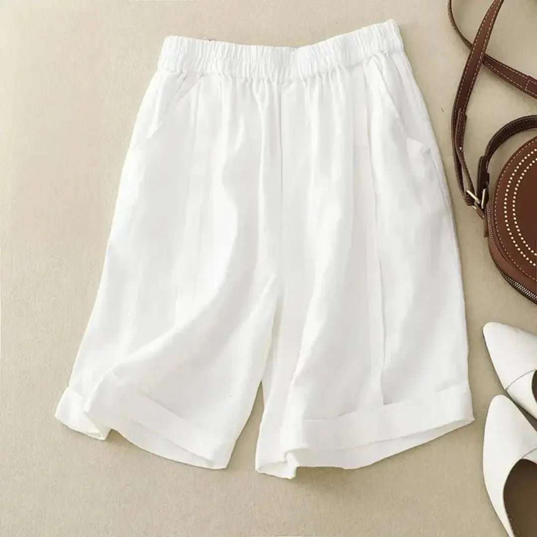 Lniane szorty damskie – elastyczny pas, podwinięty dół - Arkadya Outlet - Women Short