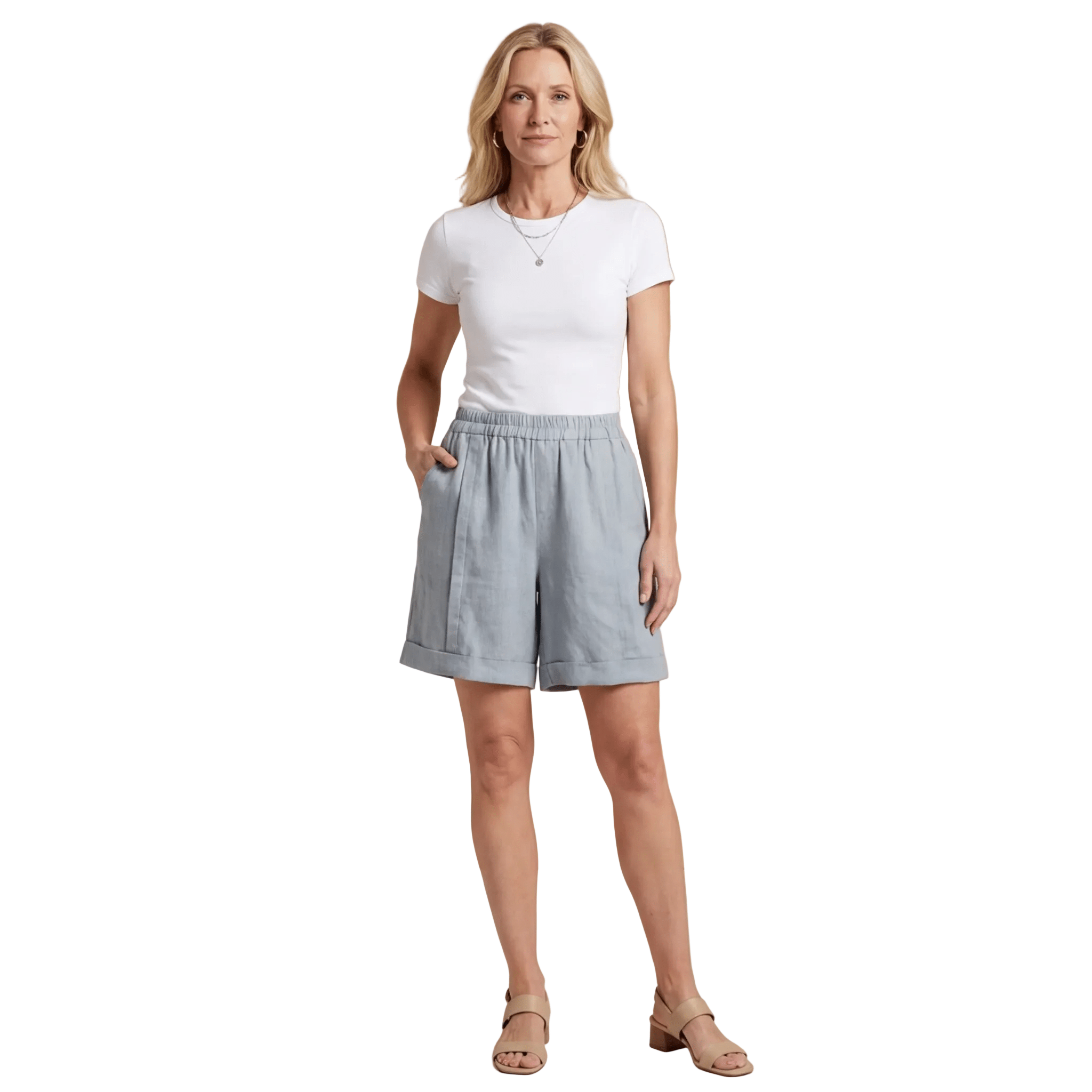 Lniane szorty damskie – elastyczny pas, podwinięty dół - Arkadya Outlet - Women Short
