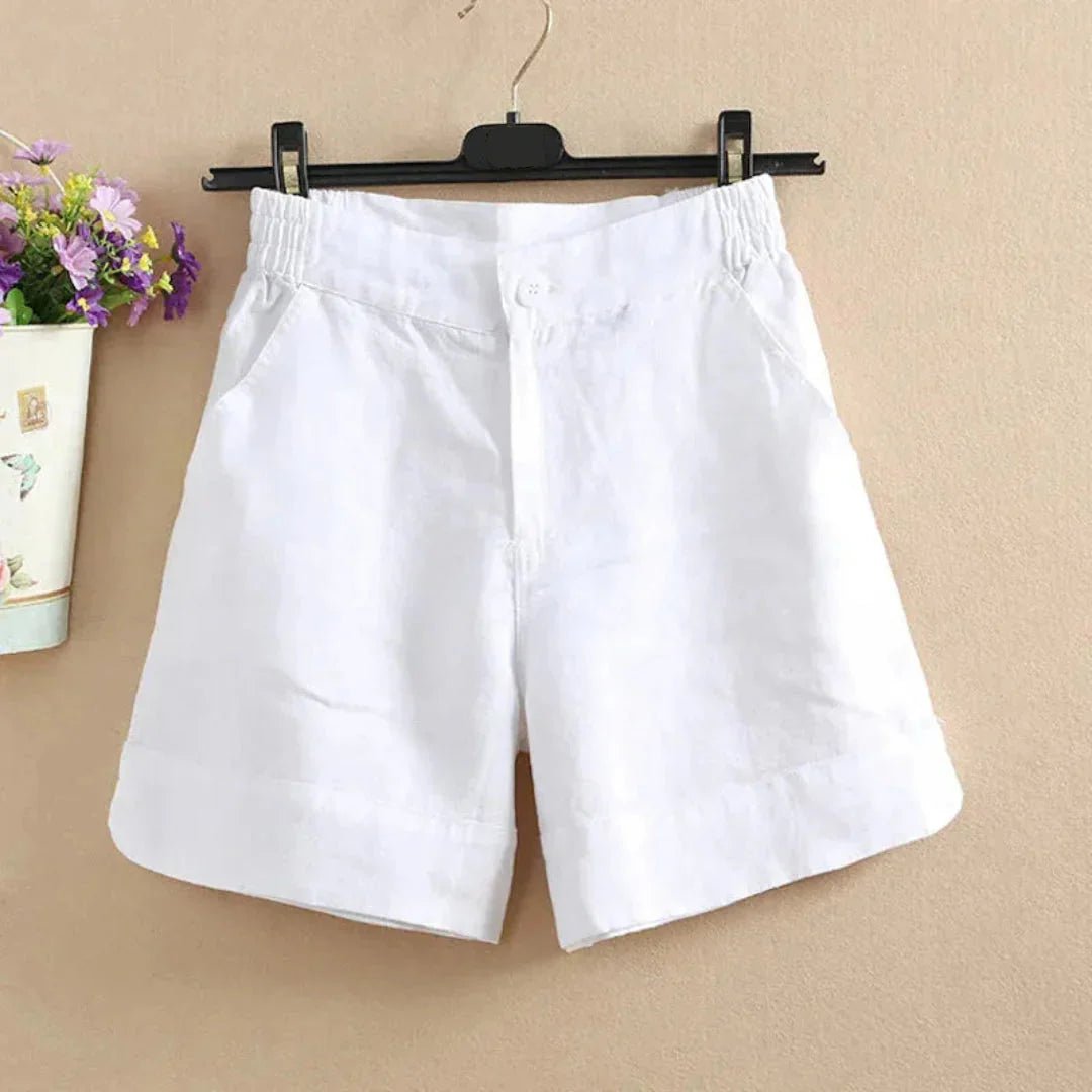 Lniane szorty damskie – elastyczny pas, zapięcie - Arkadya Outlet - Women Short
