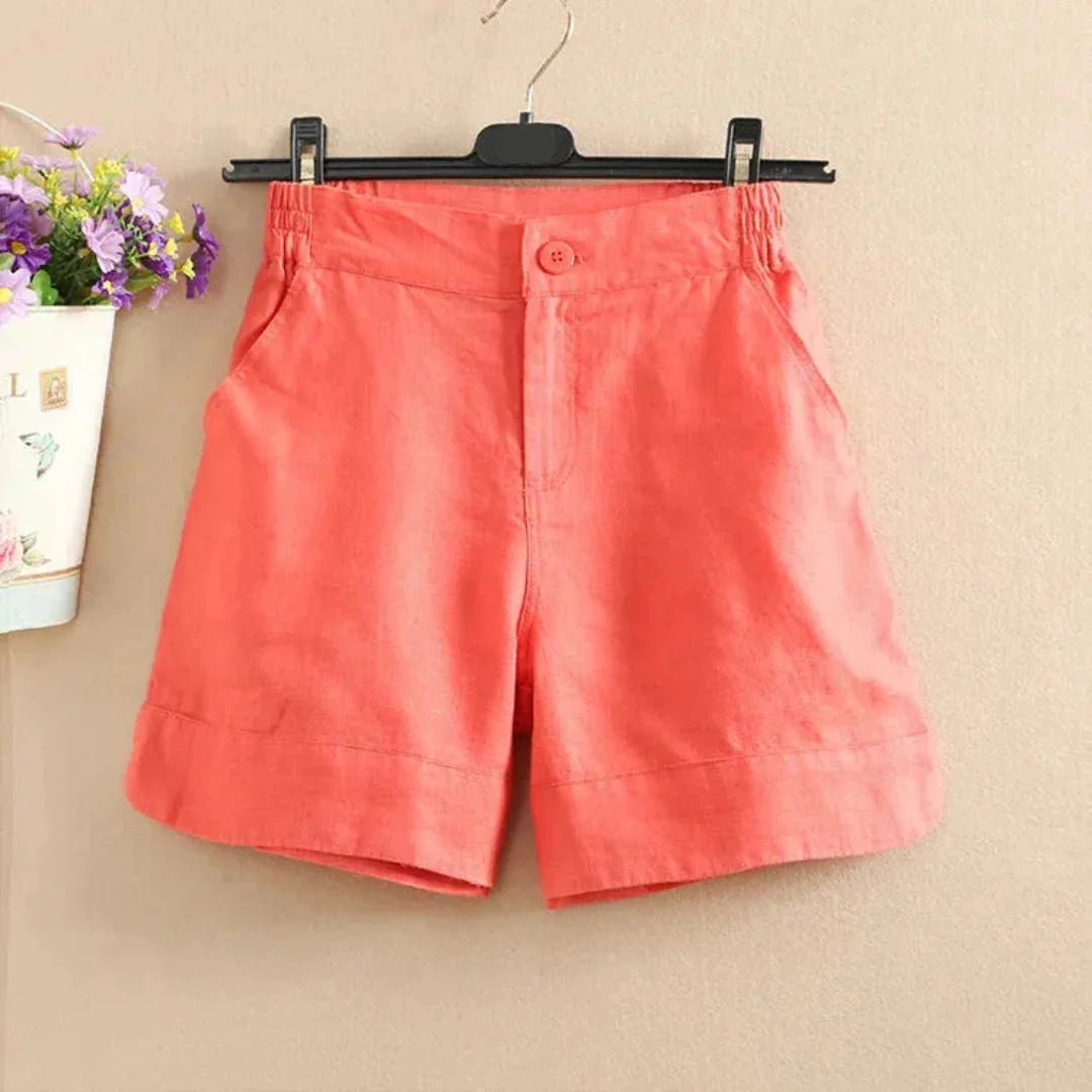 Lniane szorty damskie – elastyczny pas, zapięcie - Arkadya Outlet - Women Short