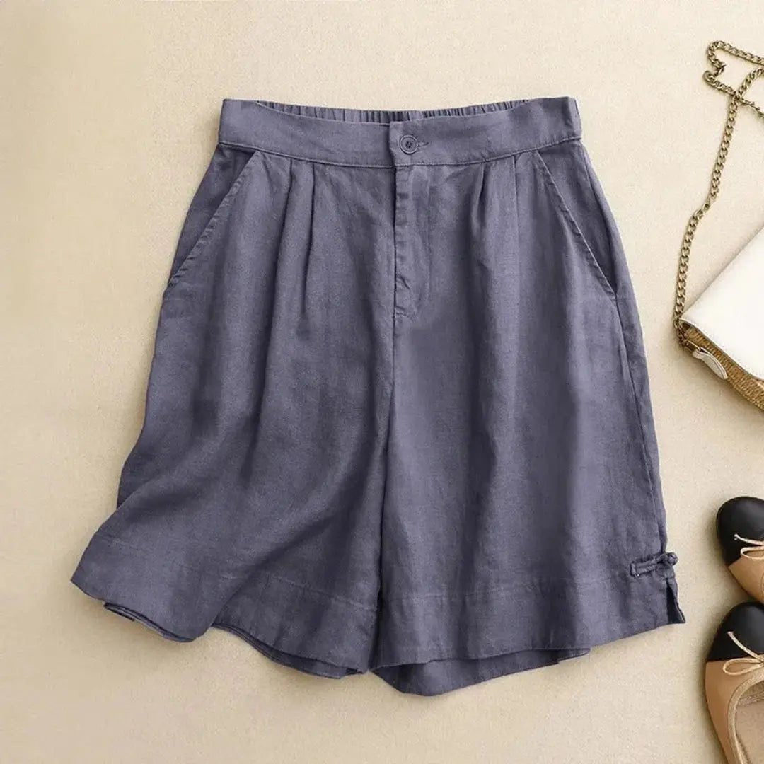 Lniane szorty damskie wysoki stan – guzik, luźny krój - Arkadya Outlet - Women Short