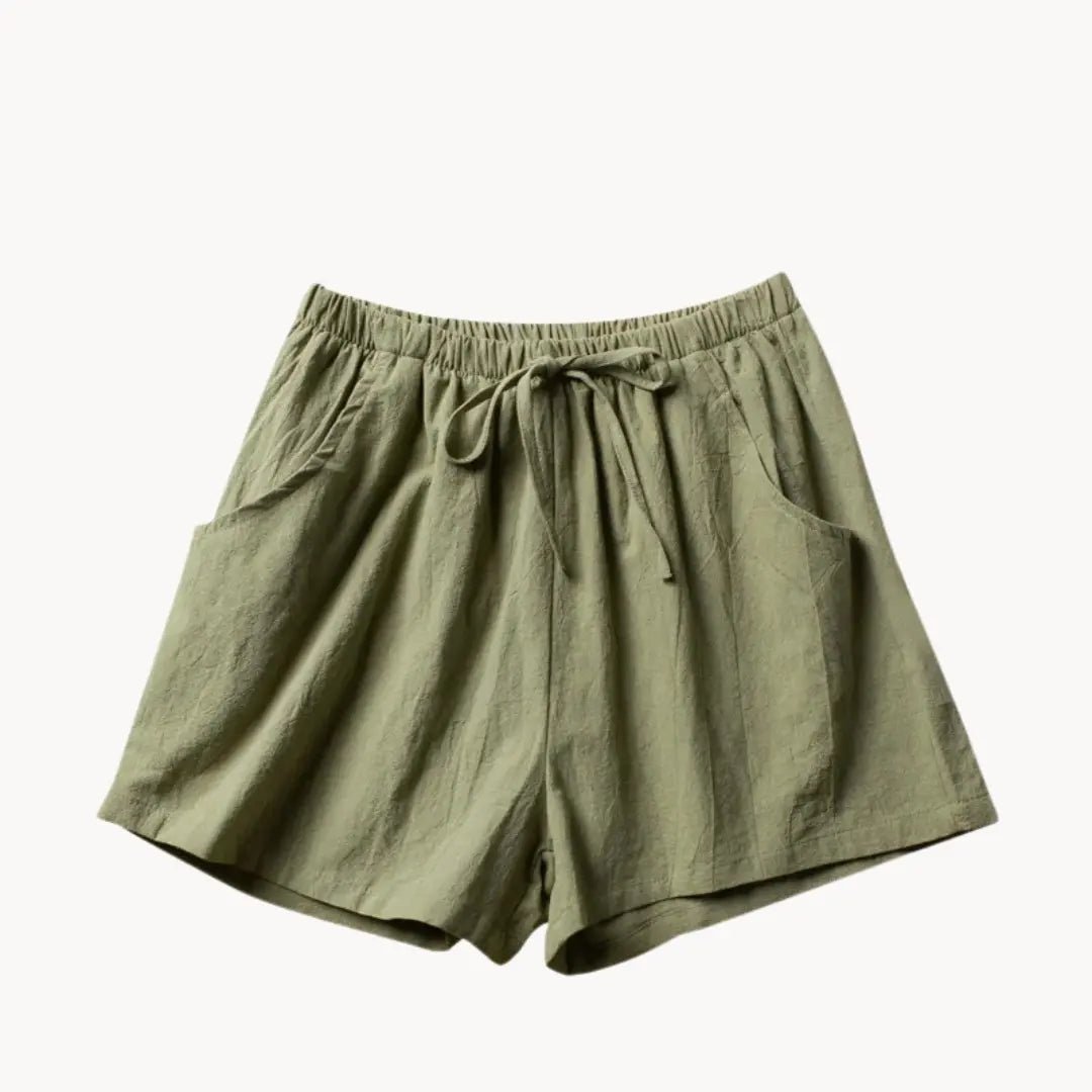 Lniane szorty damskie wysoki stan – wiązanie w pasie - Arkadya Outlet - Women Short