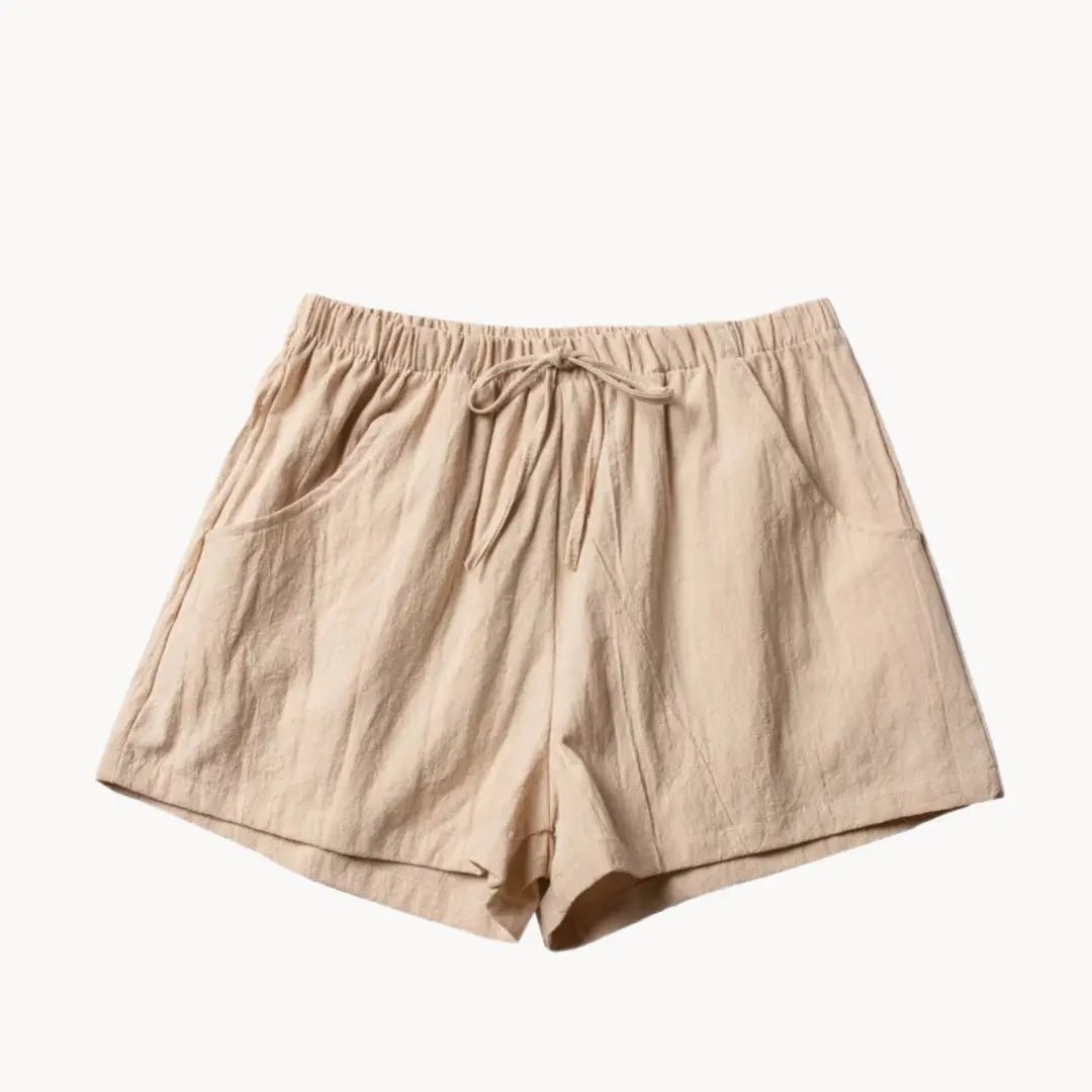 Lniane szorty damskie wysoki stan – wiązanie w pasie - Arkadya Outlet - Women Short