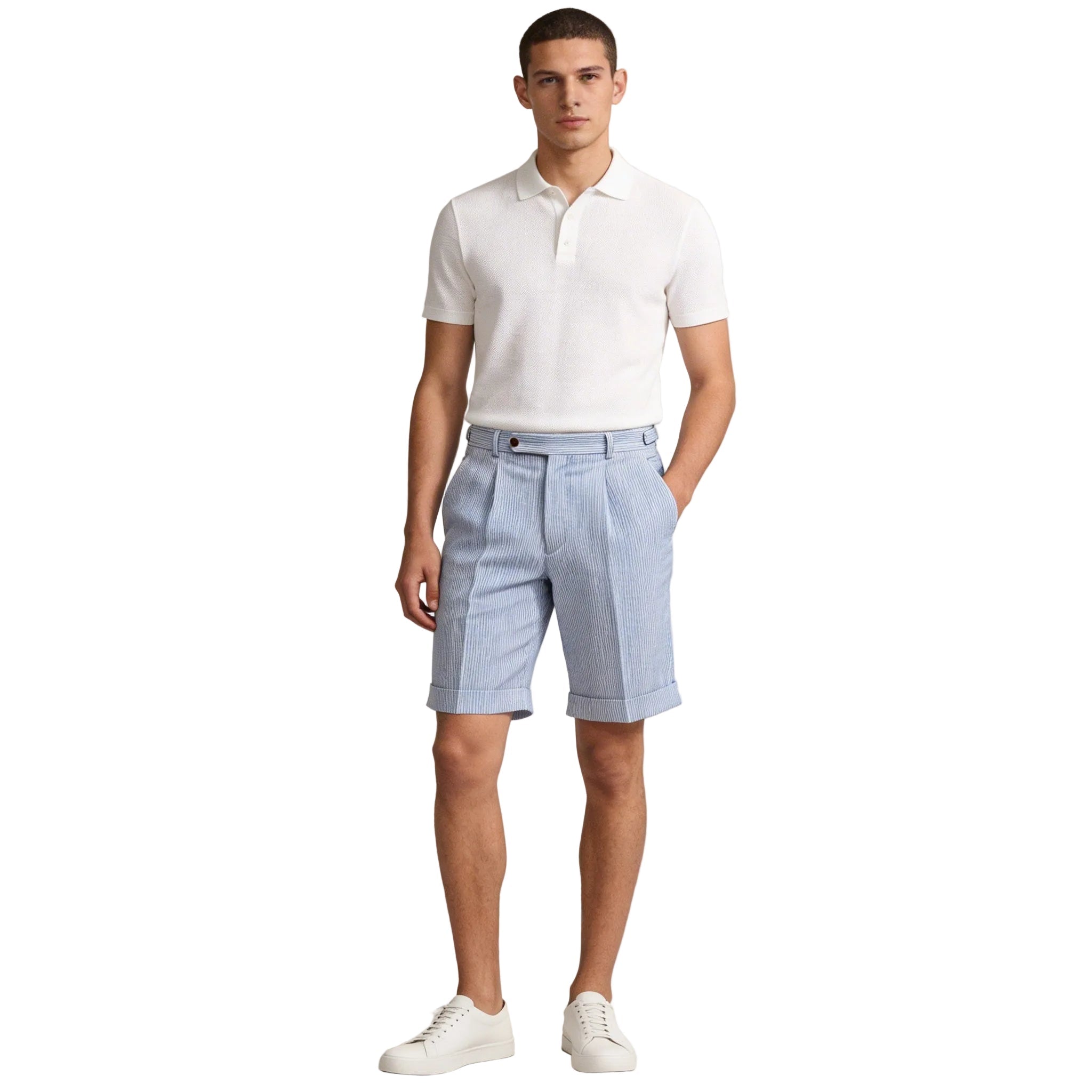 Lniane szorty męskie wysoki stan – plisy, guziki - Arkadya Outlet - Men Shorts