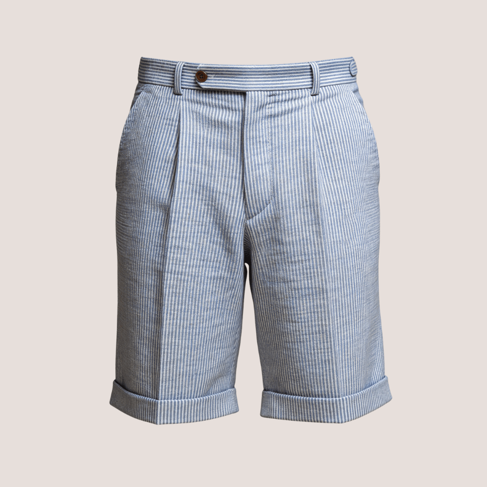 Lniane szorty męskie wysoki stan – plisy, guziki - Arkadya Outlet - Men Shorts