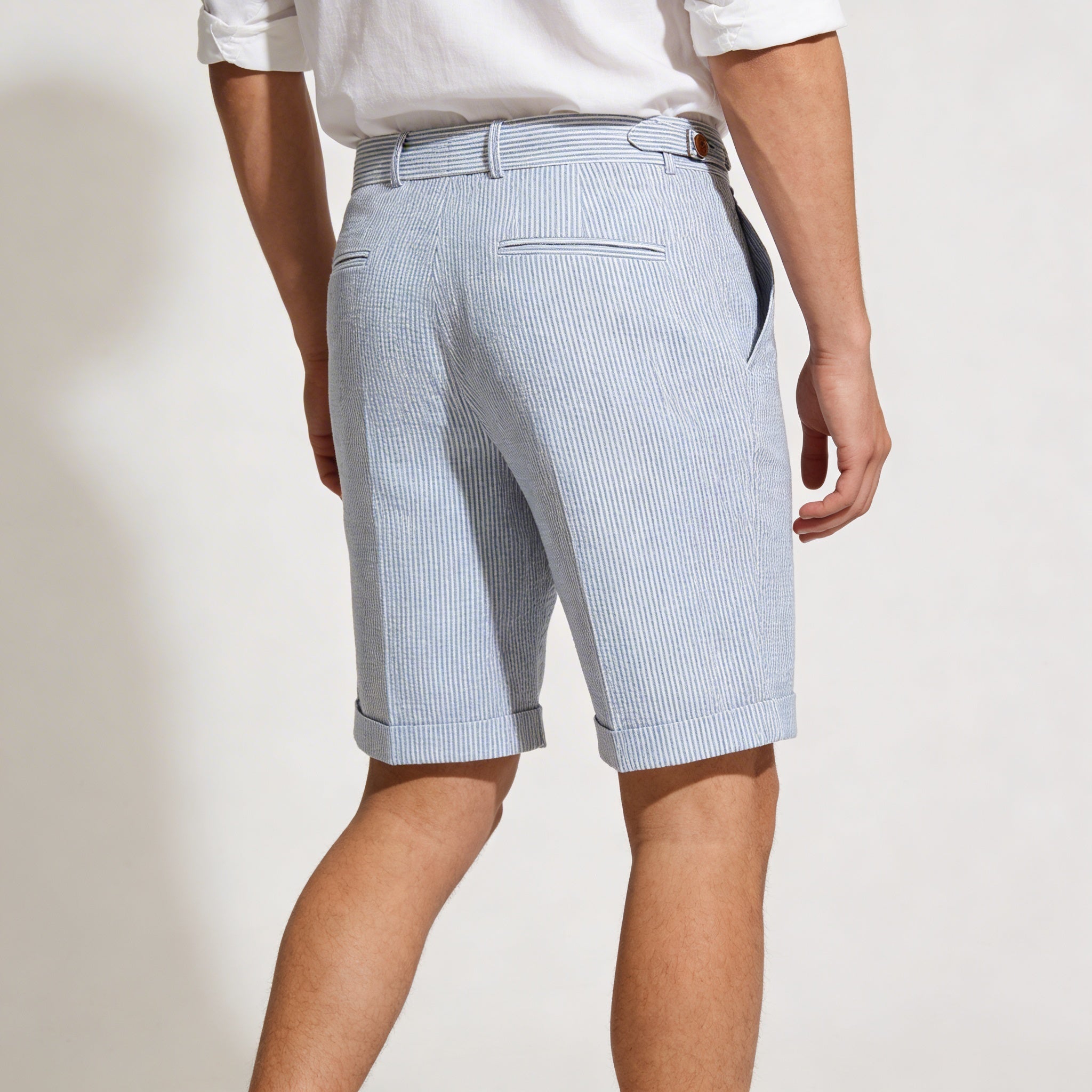 Lniane szorty męskie wysoki stan – plisy, guziki - Arkadya Outlet - Men Shorts