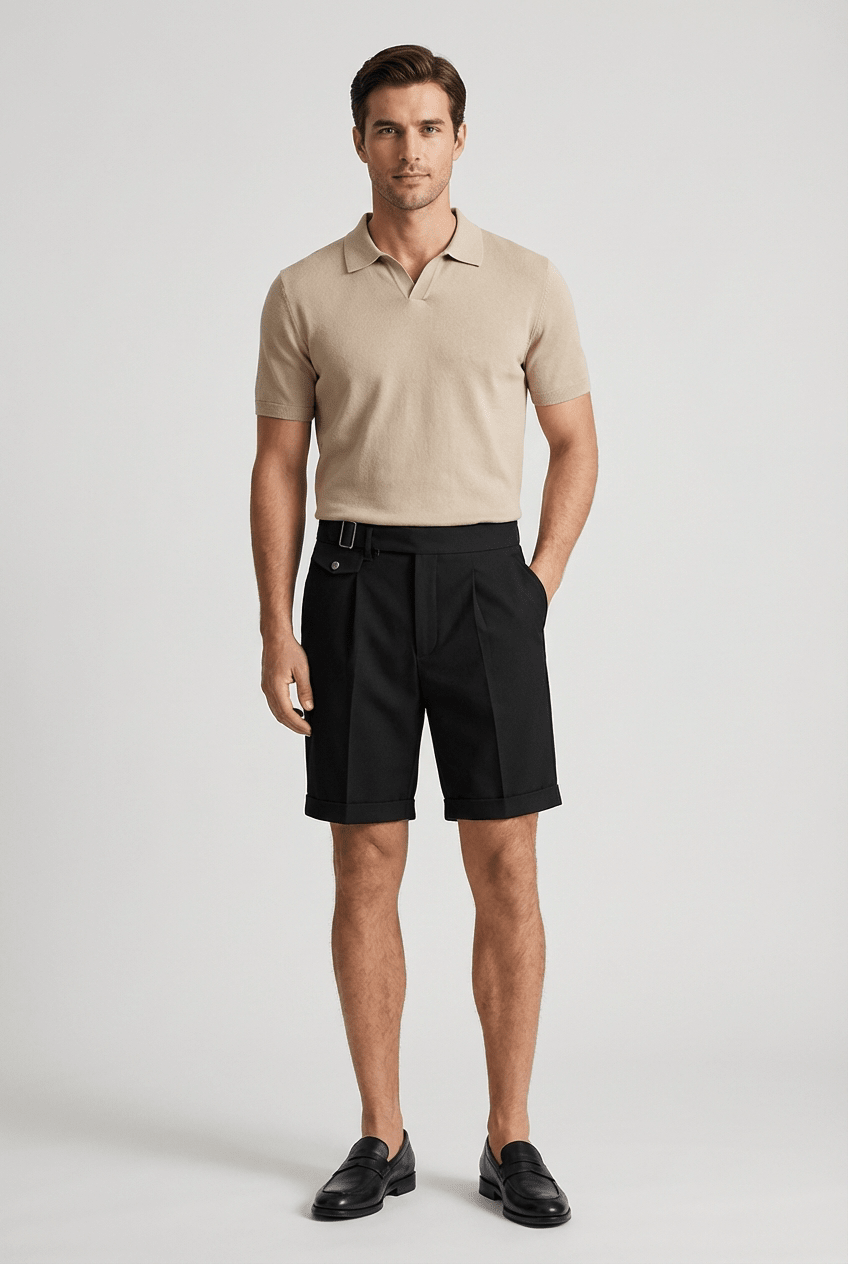 Lniane szorty męskie – zakładki, podwinięta nogawka - Arkadya Outlet - Men Shorts