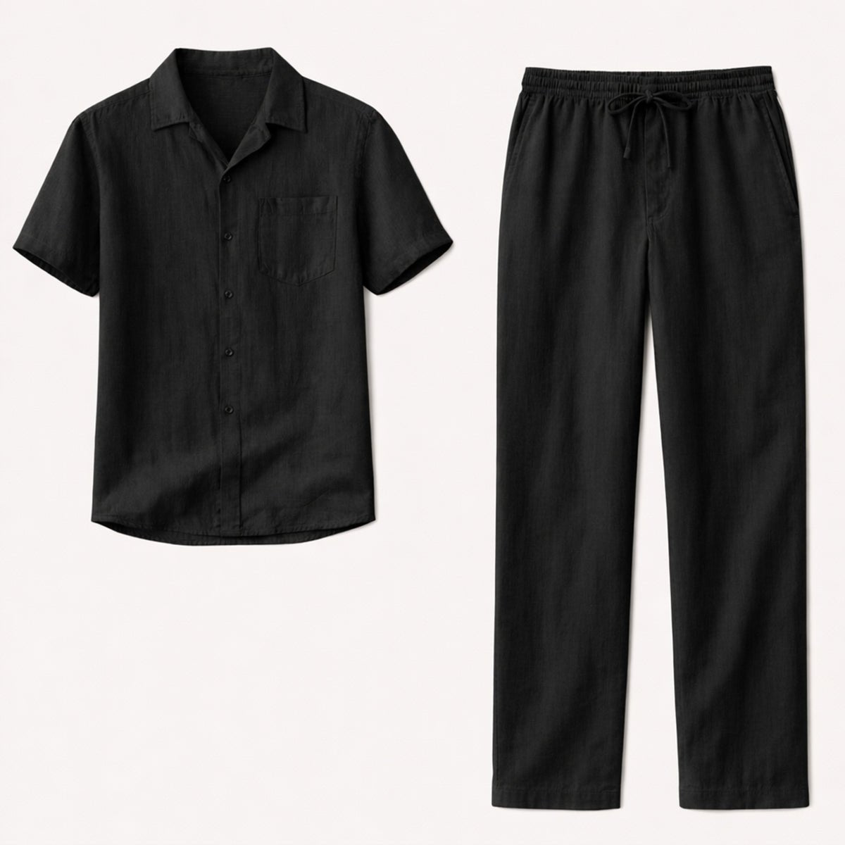 Lniany komplet męski – koszula i spodnie, luźny krój - Arkadya Outlet - Men Set