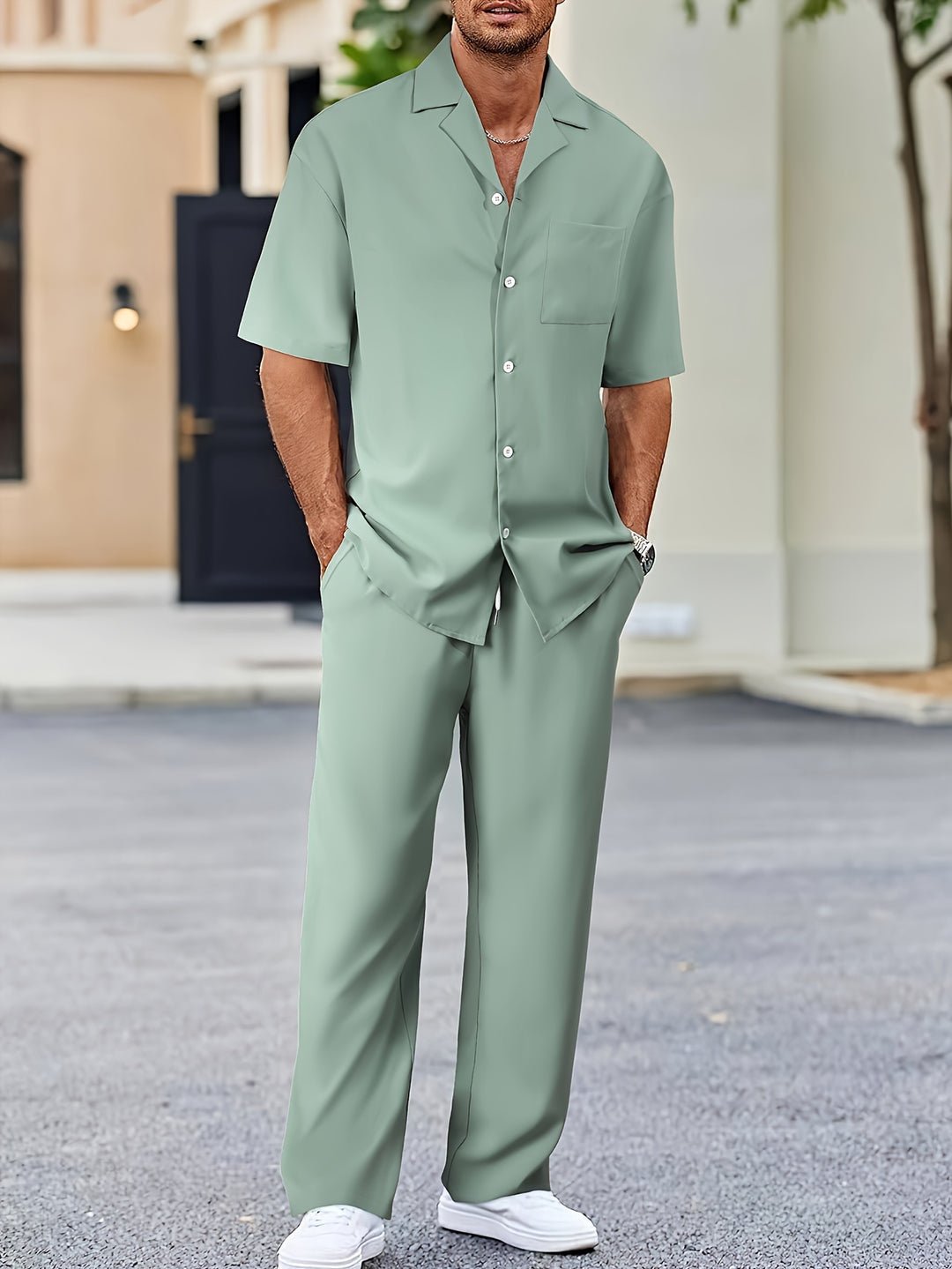 Lniany komplet męski – koszula krótki rękaw, spodnie - Arkadya Outlet - Men Set