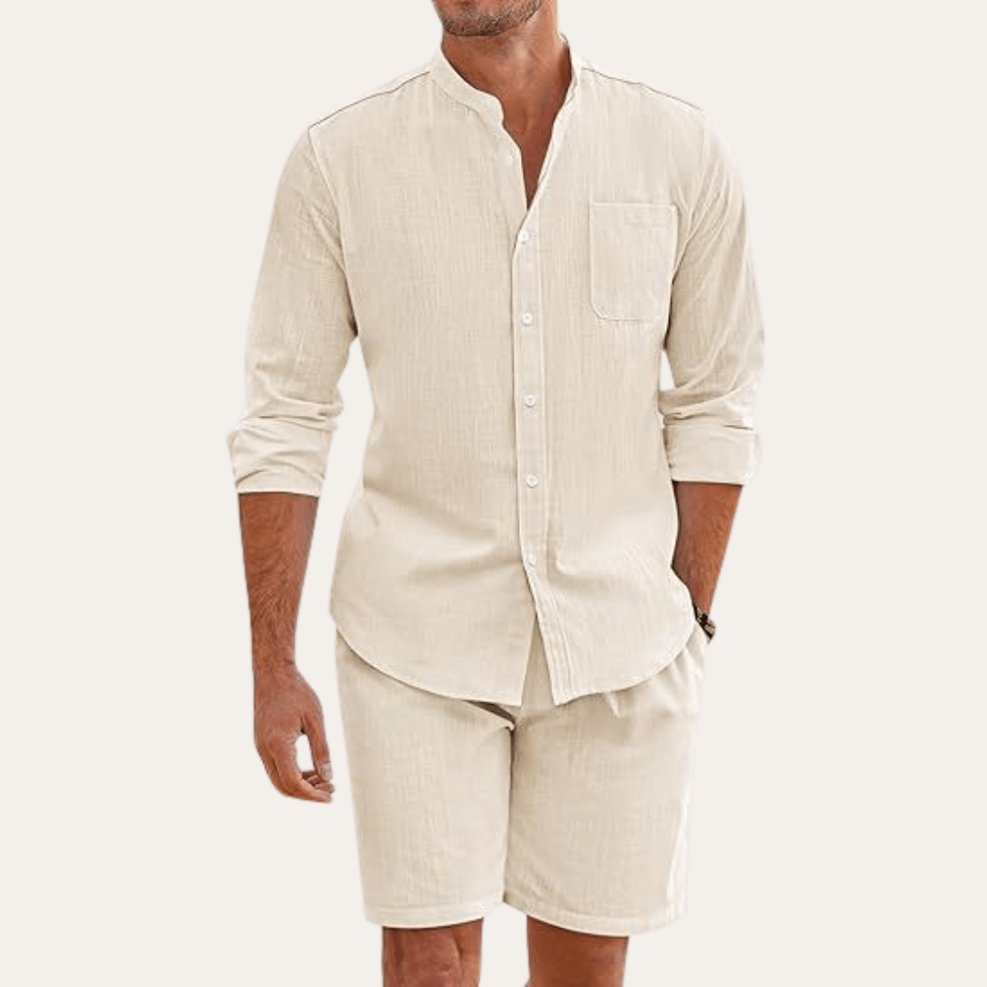Lniany zestaw męski – długi rękaw, stójka, szorty - Arkadya Outlet - Men Set