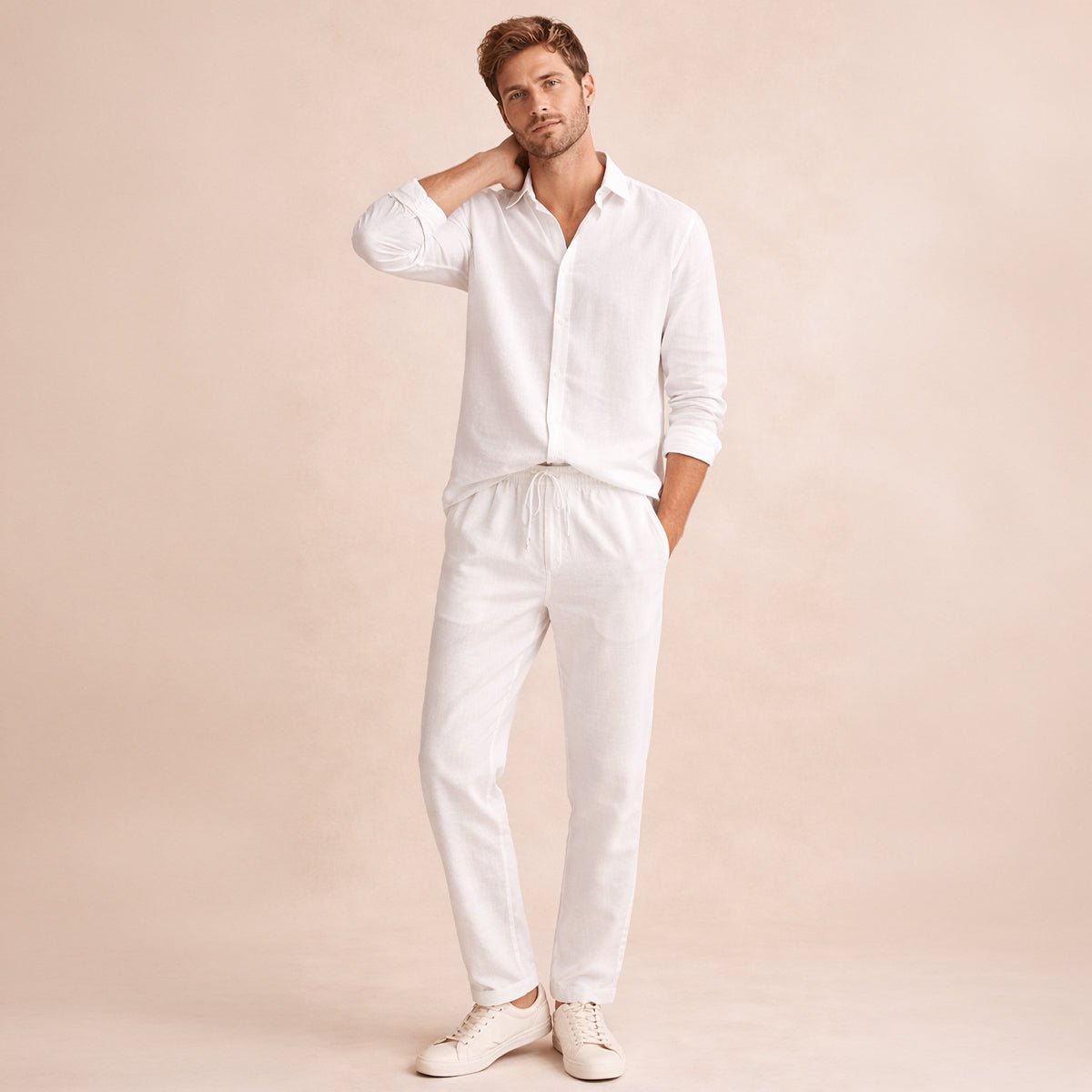 Lniany zestaw męski dwuczęściowy – dopasowany, długi rękaw - Arkadya Outlet - Men Set