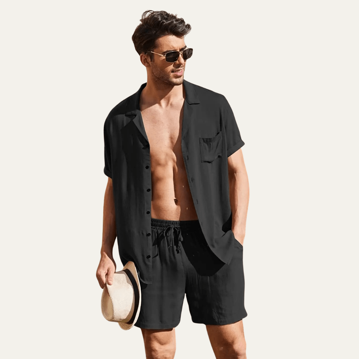 Lniany zestaw męski – koszula i szorty, krótki rękaw - Arkadya Outlet - Men Set