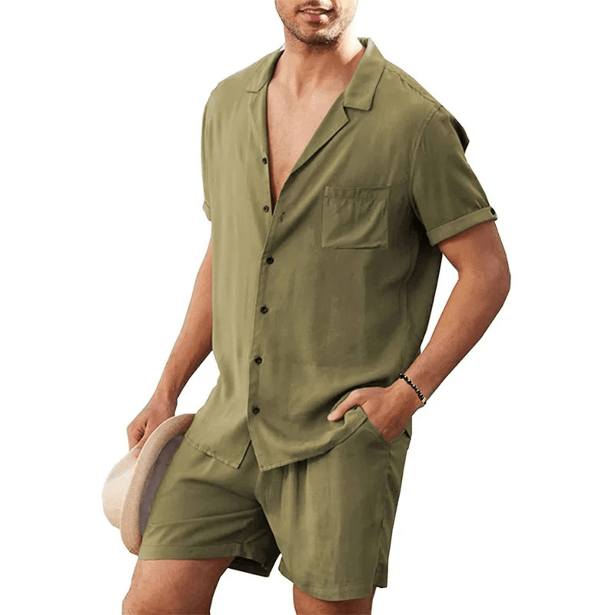 Lniany zestaw męski – koszula i szorty, krótki rękaw - Arkadya Outlet - Men Set