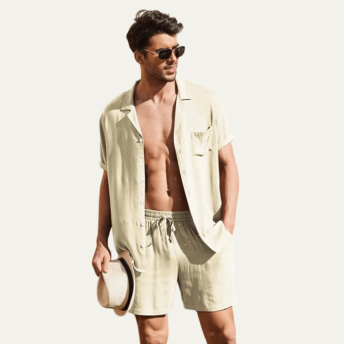 Lniany zestaw męski – koszula i szorty, krótki rękaw - Arkadya Outlet - Men Set