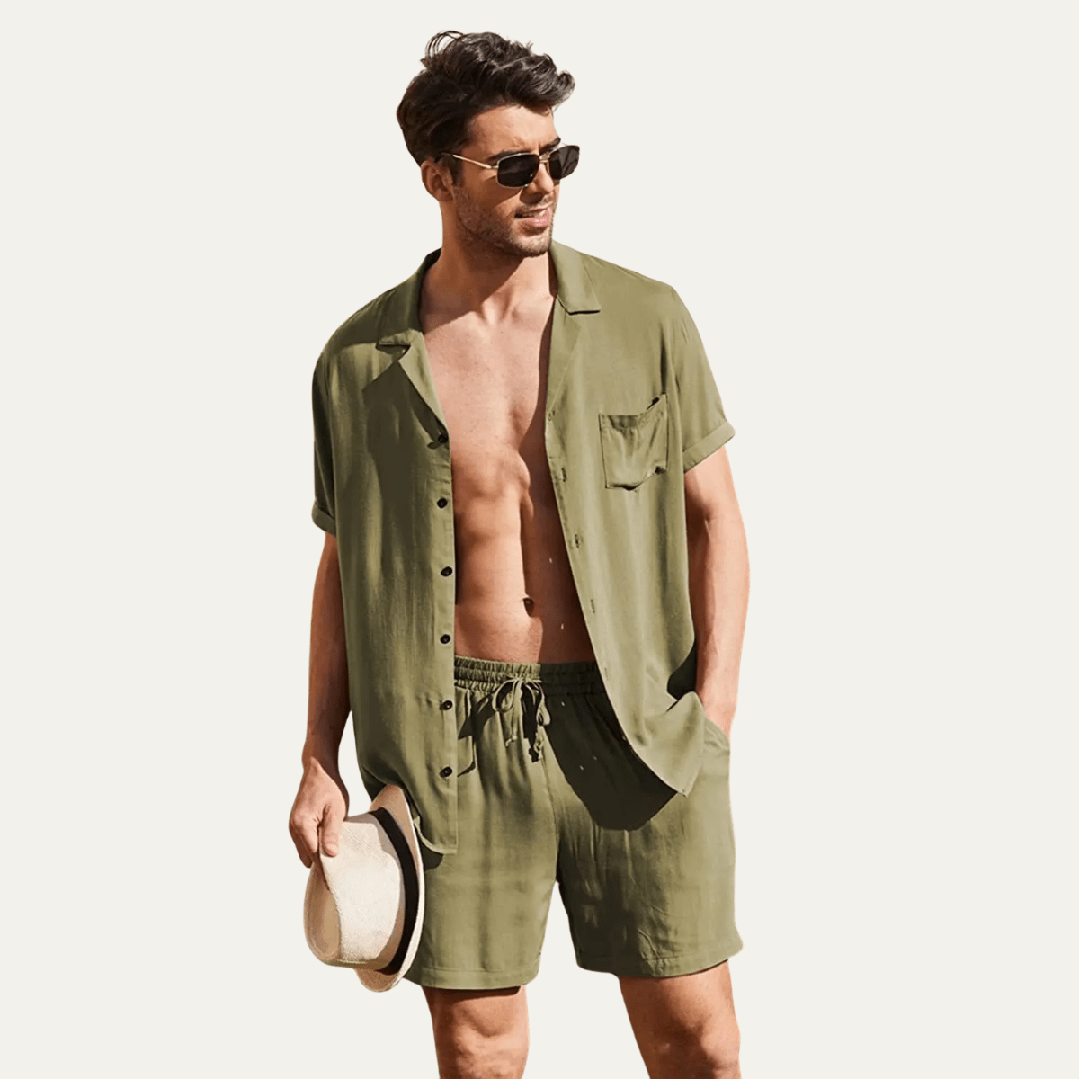 Lniany zestaw męski – koszula i szorty, krótki rękaw - Arkadya Outlet - Men Set