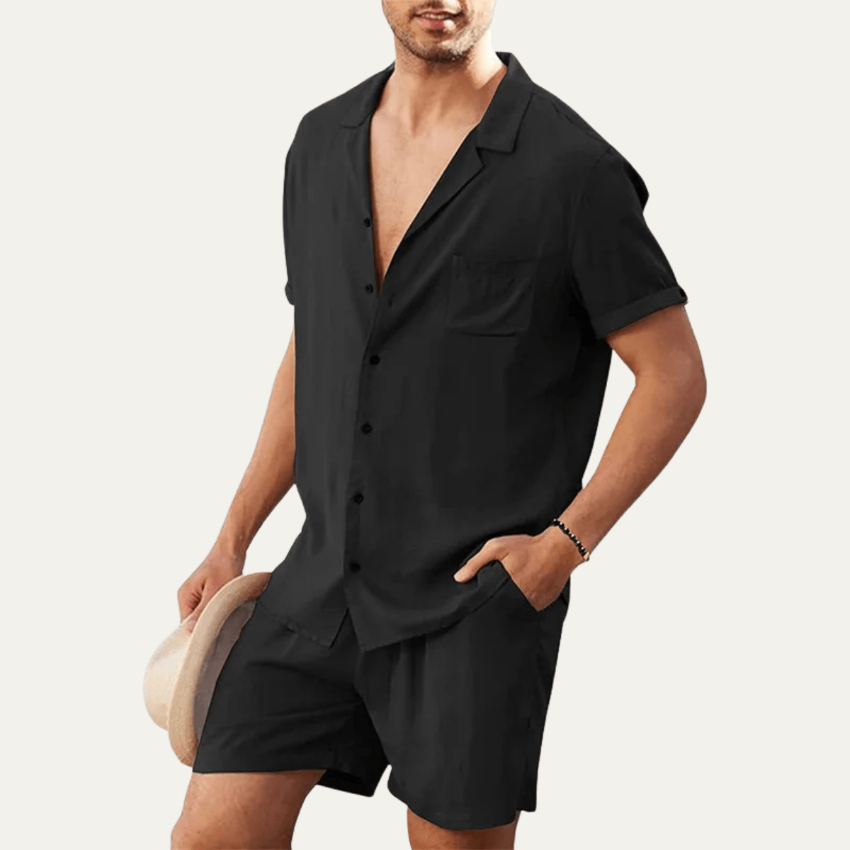 Lniany zestaw męski – koszula i szorty, krótki rękaw - Arkadya Outlet - Men Set