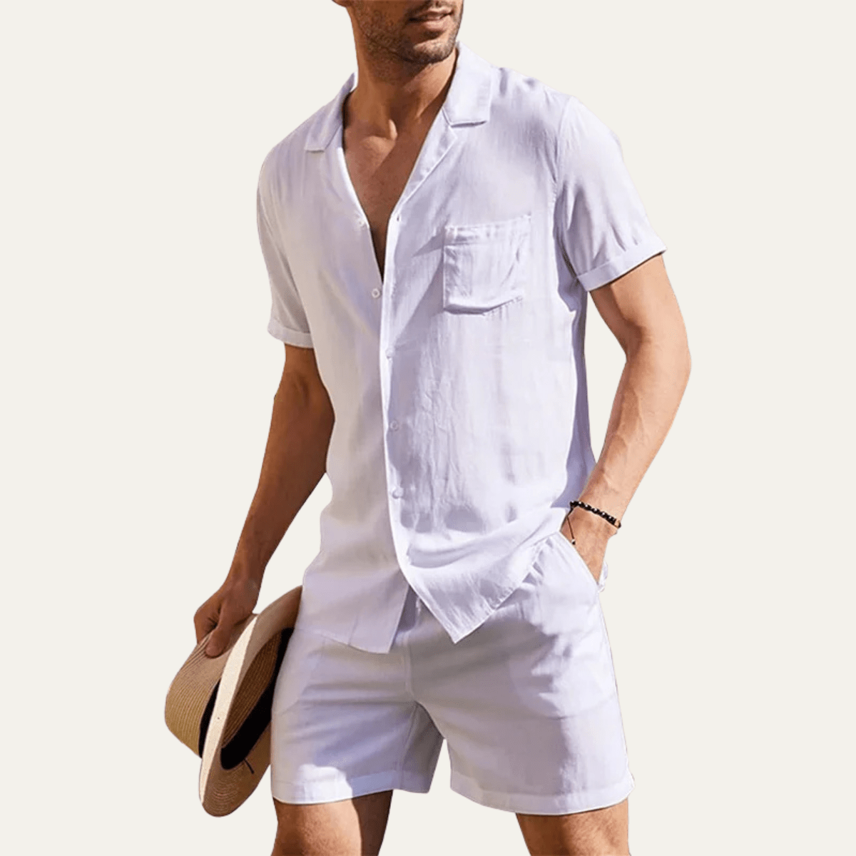 Lniany zestaw męski – koszula i szorty, krótki rękaw - Arkadya Outlet - Men Set