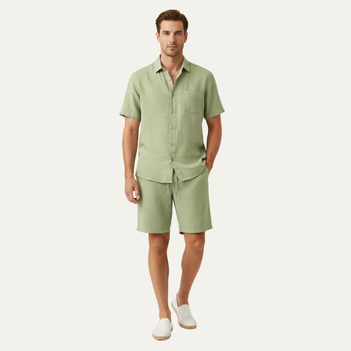 Lniany zestaw męski – koszula krótki rękaw, szorty - Arkadya Outlet - Men Set