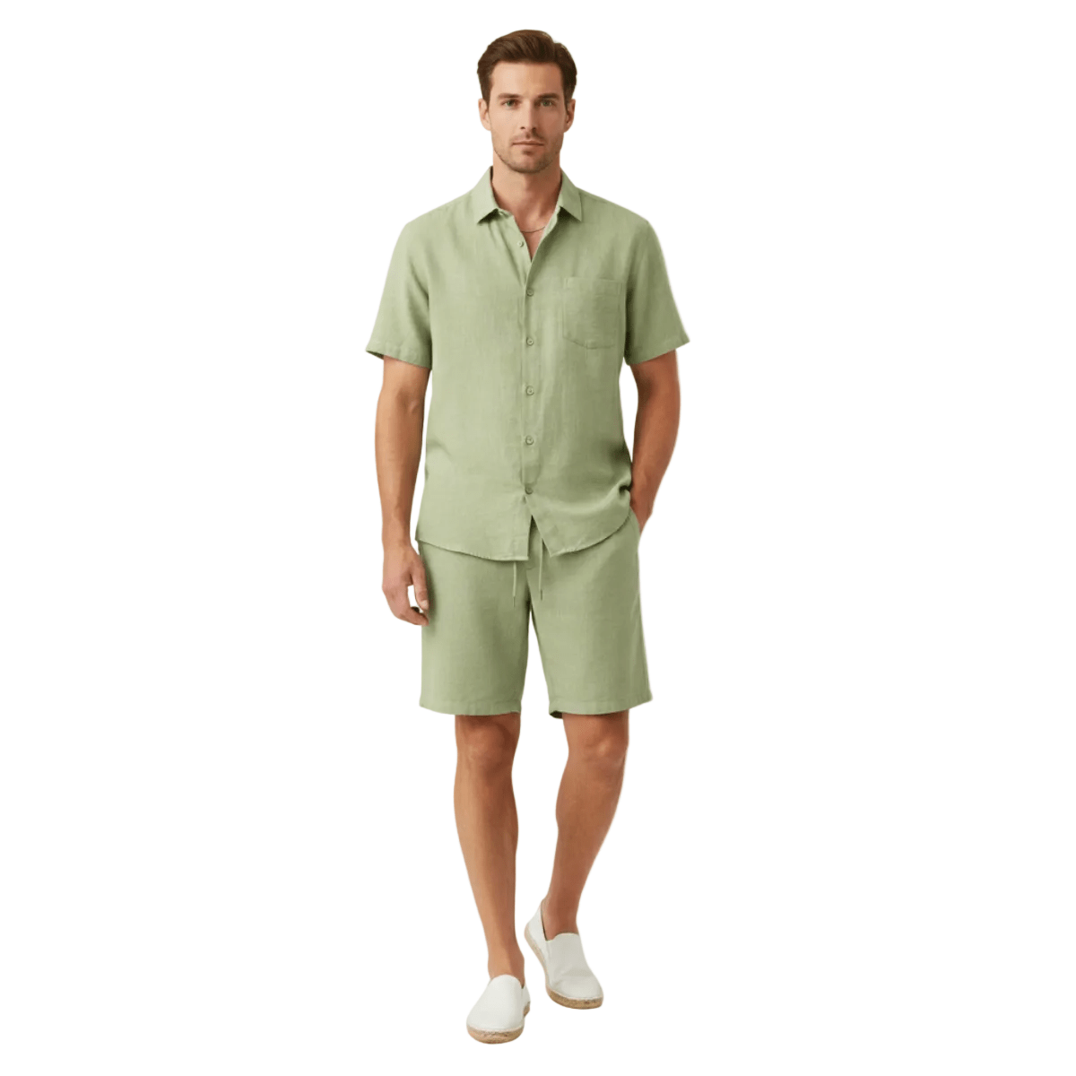 Lniany zestaw męski – koszula krótki rękaw, szorty - Arkadya Outlet - Men Set