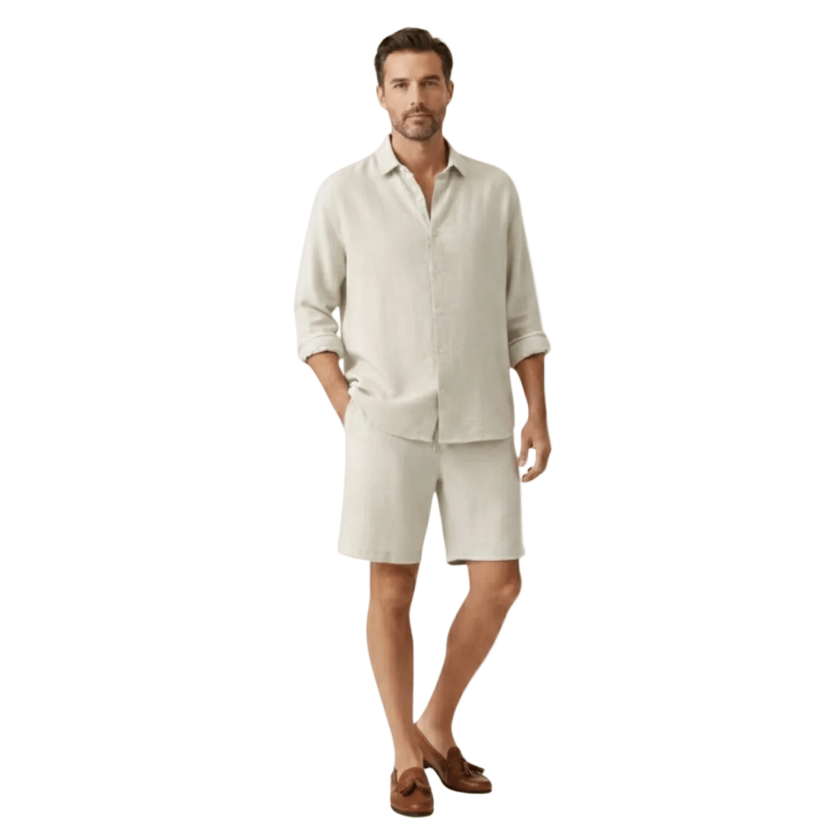 Lniany zestaw męski – koszula, szorty, guziki - Arkadya Outlet - Men Set