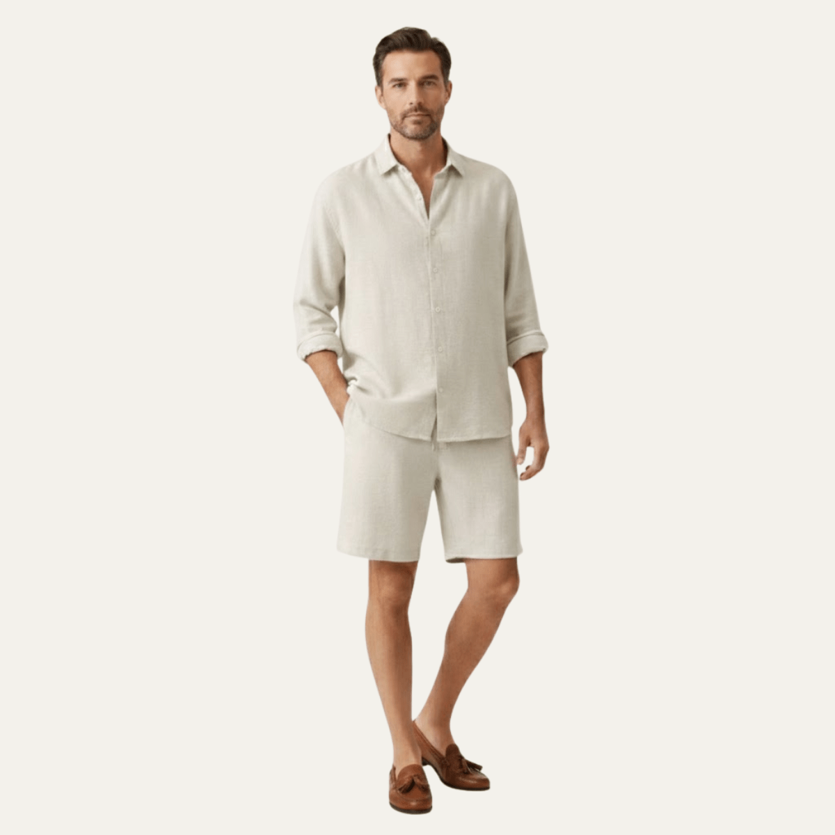 Lniany zestaw męski – koszula, szorty, guziki - Arkadya Outlet - Men Set