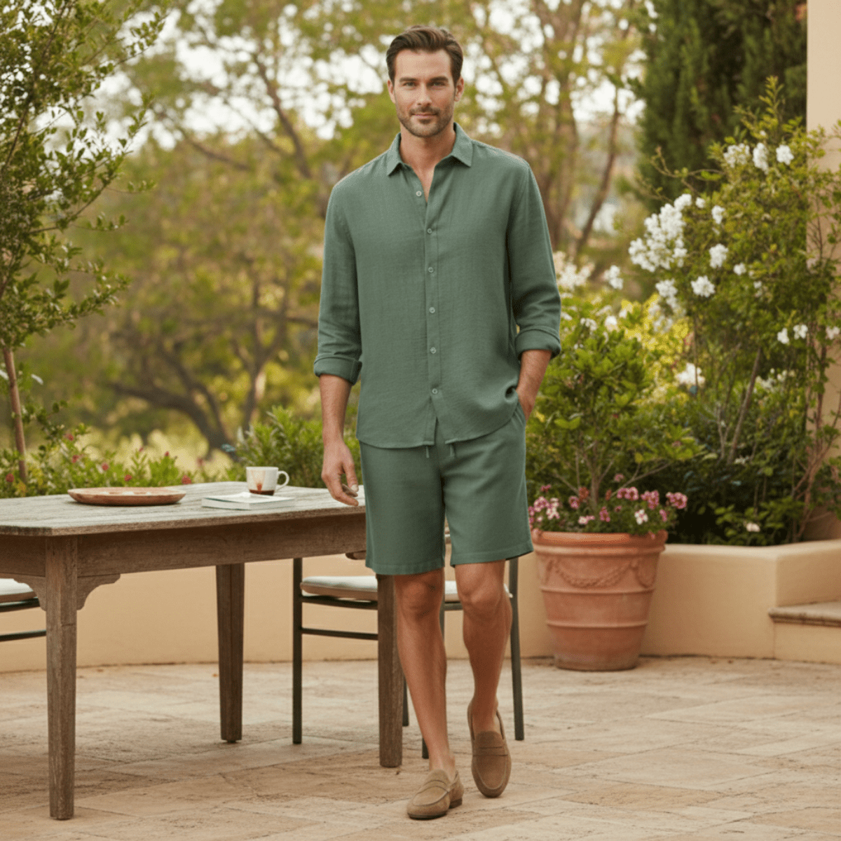 Lniany zestaw męski – koszula, szorty, guziki - Arkadya Outlet - Men Set