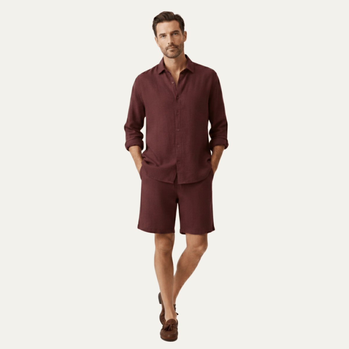Lniany zestaw męski – koszula, szorty, guziki - Arkadya Outlet - Men Set