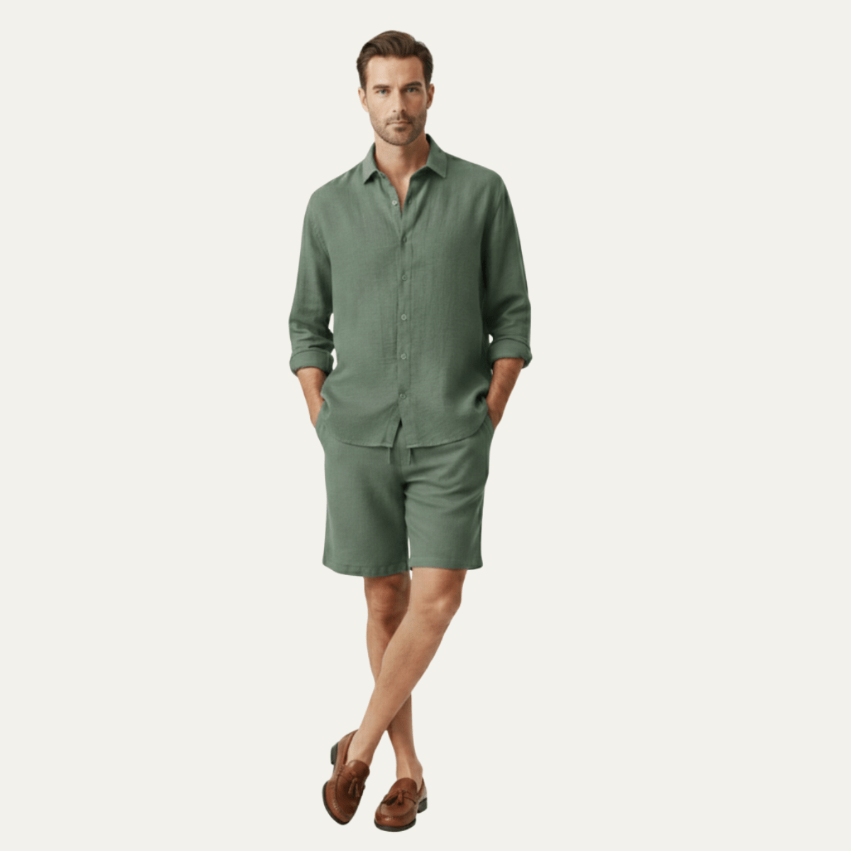 Lniany zestaw męski – koszula, szorty, guziki - Arkadya Outlet - Men Set