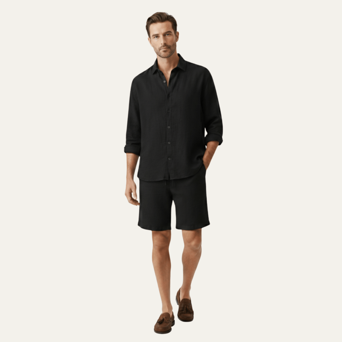 Lniany zestaw męski – koszula, szorty, guziki - Arkadya Outlet - Men Set