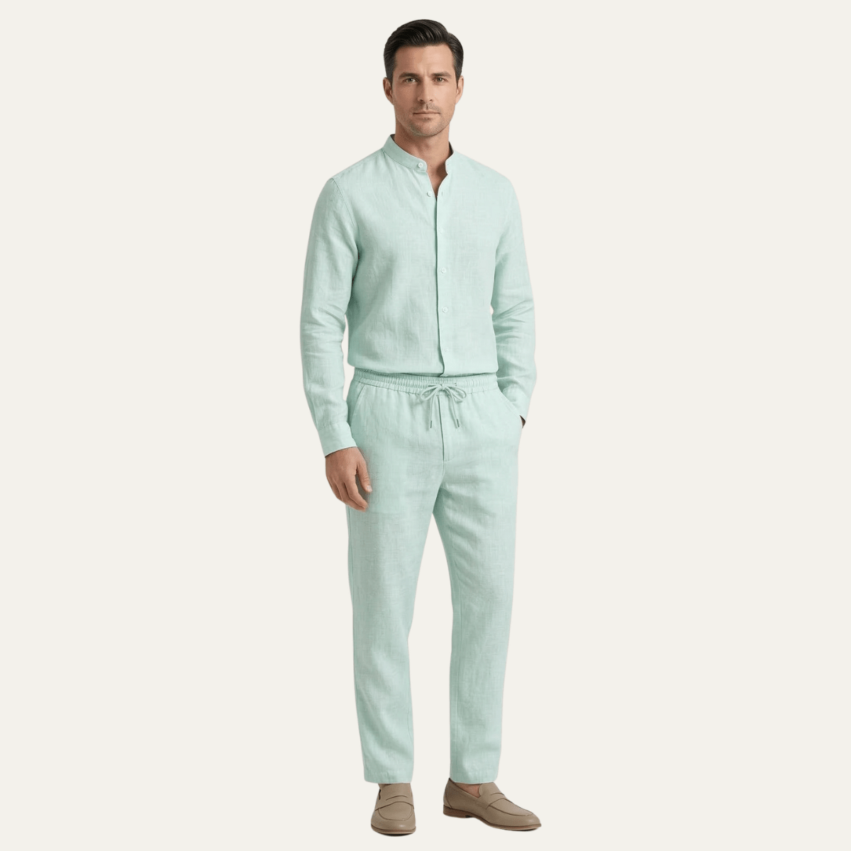 Lniany zestaw męski – luźny krój, długi rękaw, guziki - Arkadya Outlet - Men Set