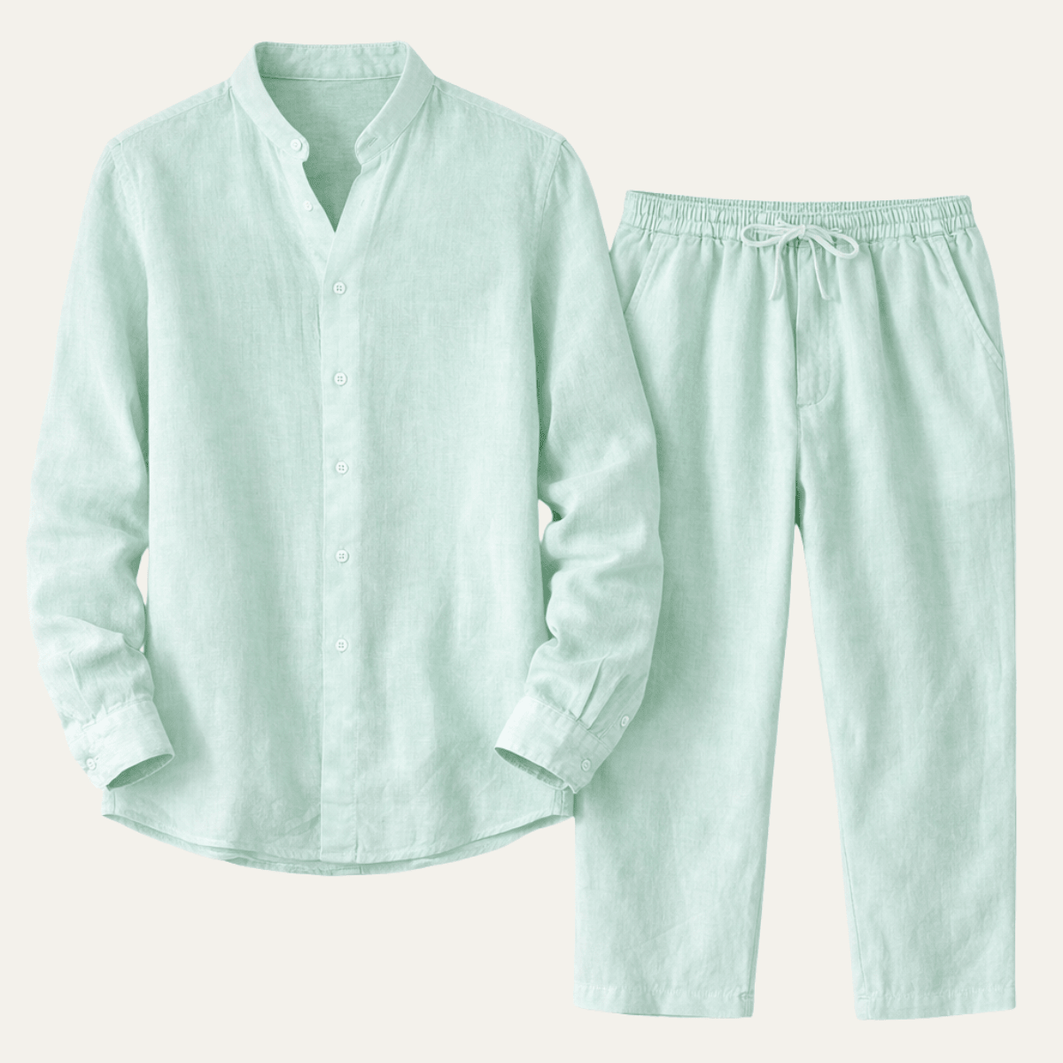 Lniany zestaw męski – luźny krój, długi rękaw, guziki - Arkadya Outlet - Men Set