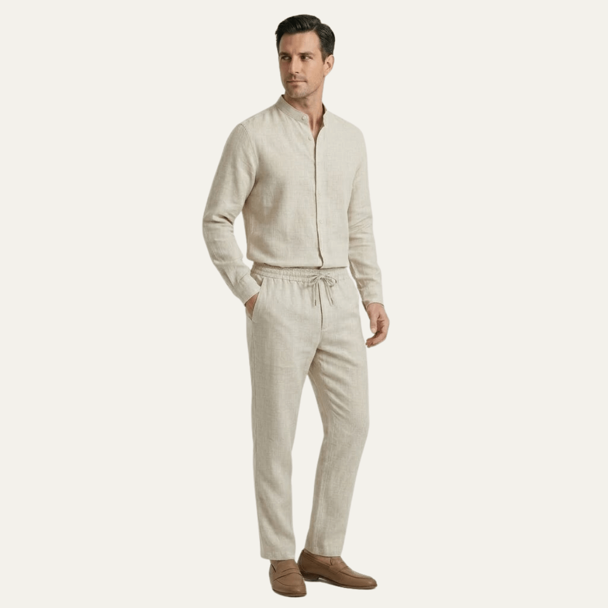 Lniany zestaw męski – luźny krój, długi rękaw, guziki - Arkadya Outlet - Men Set