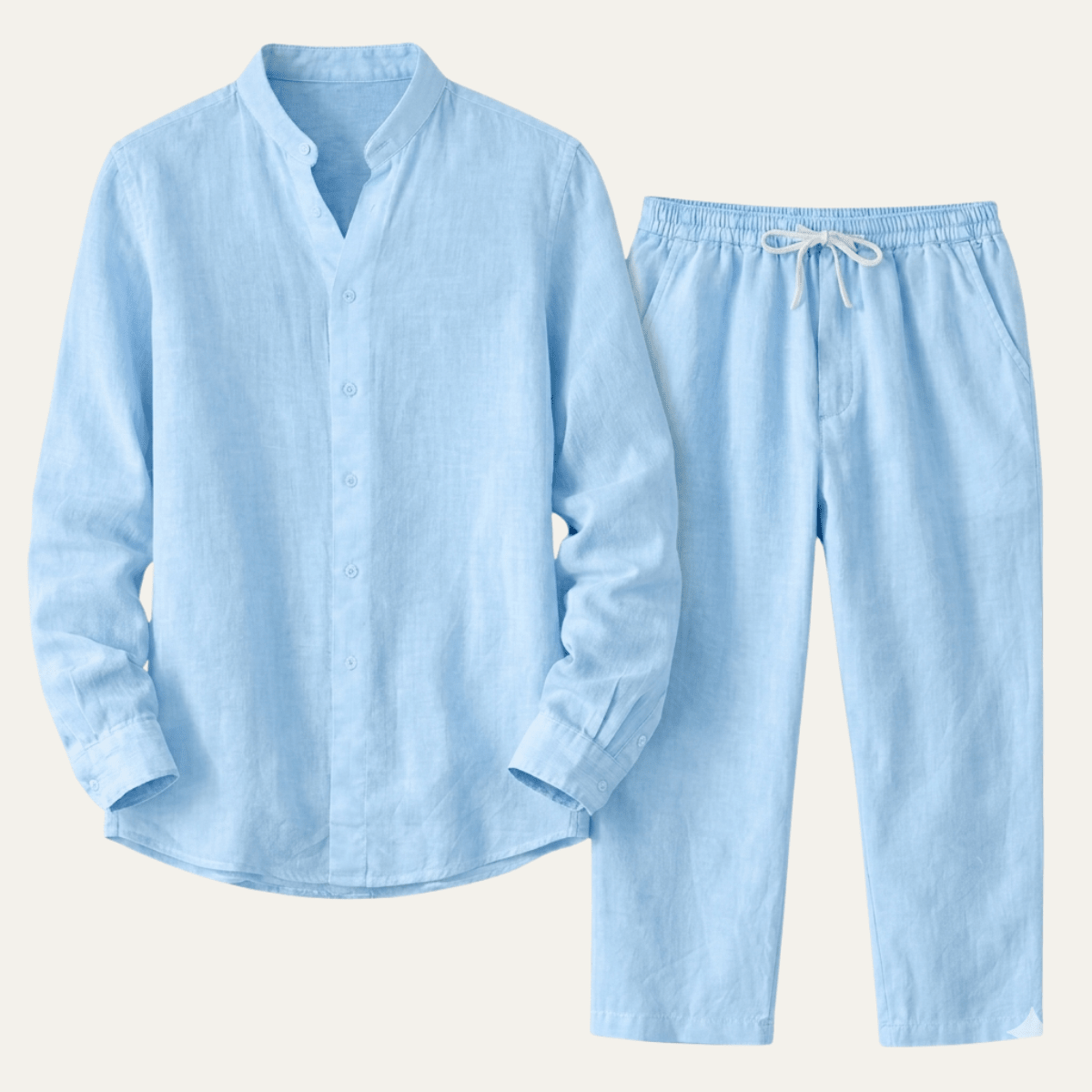 Lniany zestaw męski – luźny krój, długi rękaw, guziki - Arkadya Outlet - Men Set