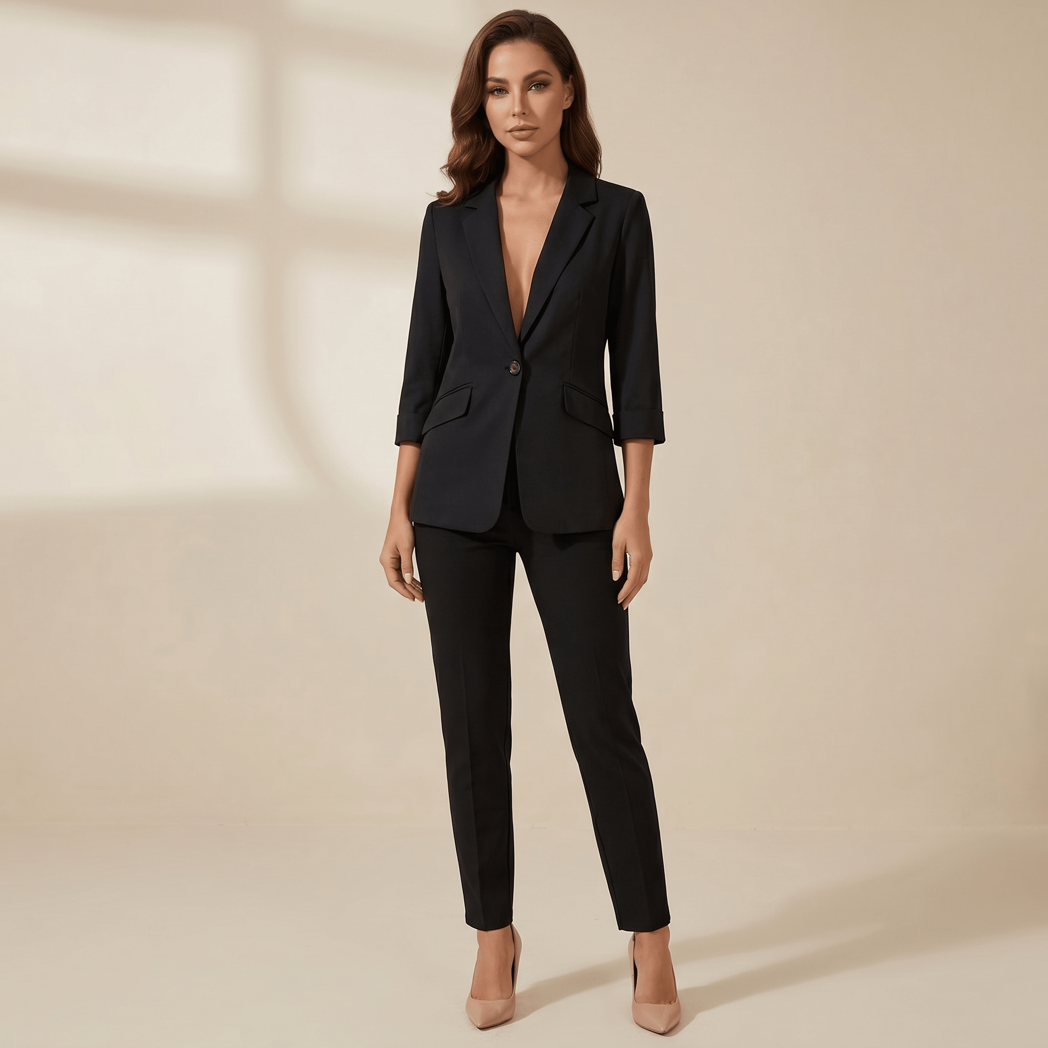 Marynarka damska dopasowana – rękaw 3/4, jeden guzik - Arkadya Outlet - Women Blazer