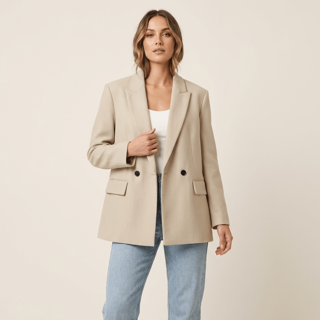 Marynarka damska dopasowana z dwurzędowym zapięciem na guziki – kieszenie z patką, guziki przy mankietach - Arkadya Outlet - Women Blazer