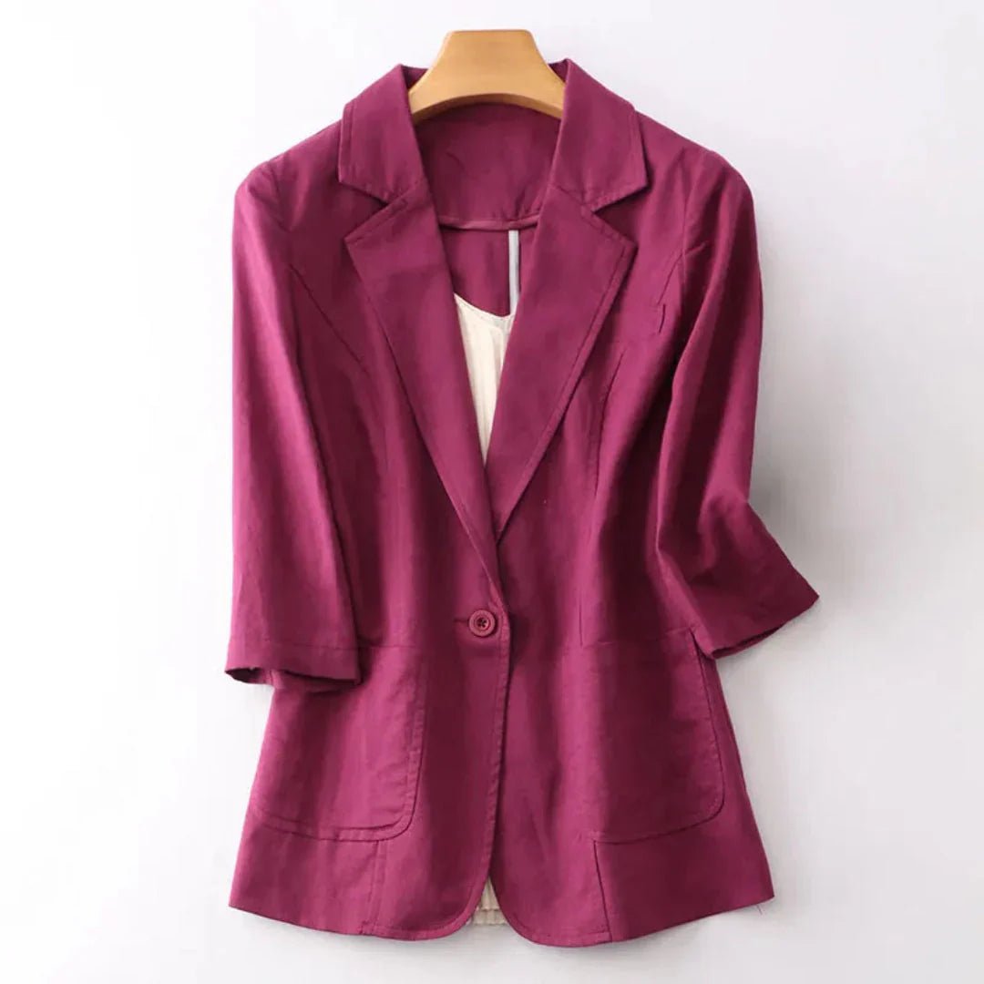 Marynarka damska luźny krój – rękaw 3/4, kieszenie - Arkadya Outlet - Women Blazer