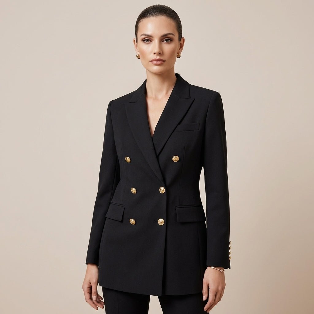 Marynarka damska płaszczowa z dwurzędowym zapięciem – sezon jesienno - zimowy - Arkadya Outlet - Women Blazer