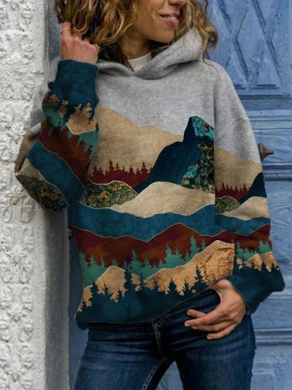 Męska Bluza z Kapturem | Nadruk Górski i Luźny Krój - Arkadya Outlet - Sweaters