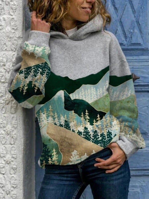 Męska Bluza z Kapturem | Nadruk Górski i Luźny Krój - Arkadya Outlet - Sweaters