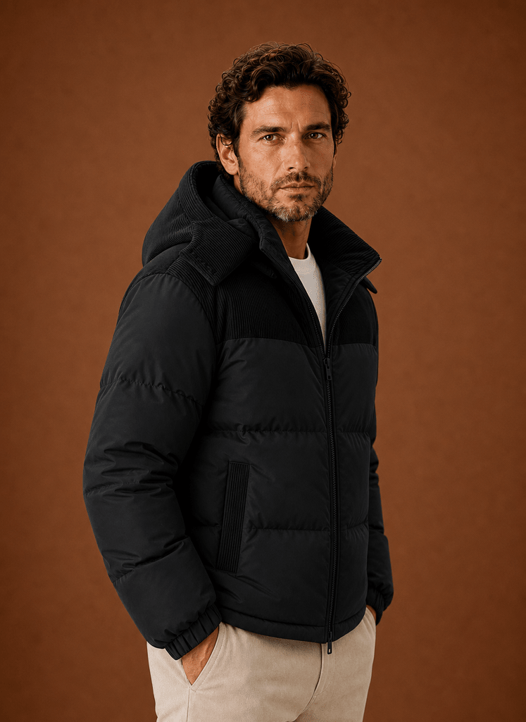 Męska Kurtka Puchowa | Luźny Krój z Kapturem i Zamkiem - Arkadya Outlet - Jackets