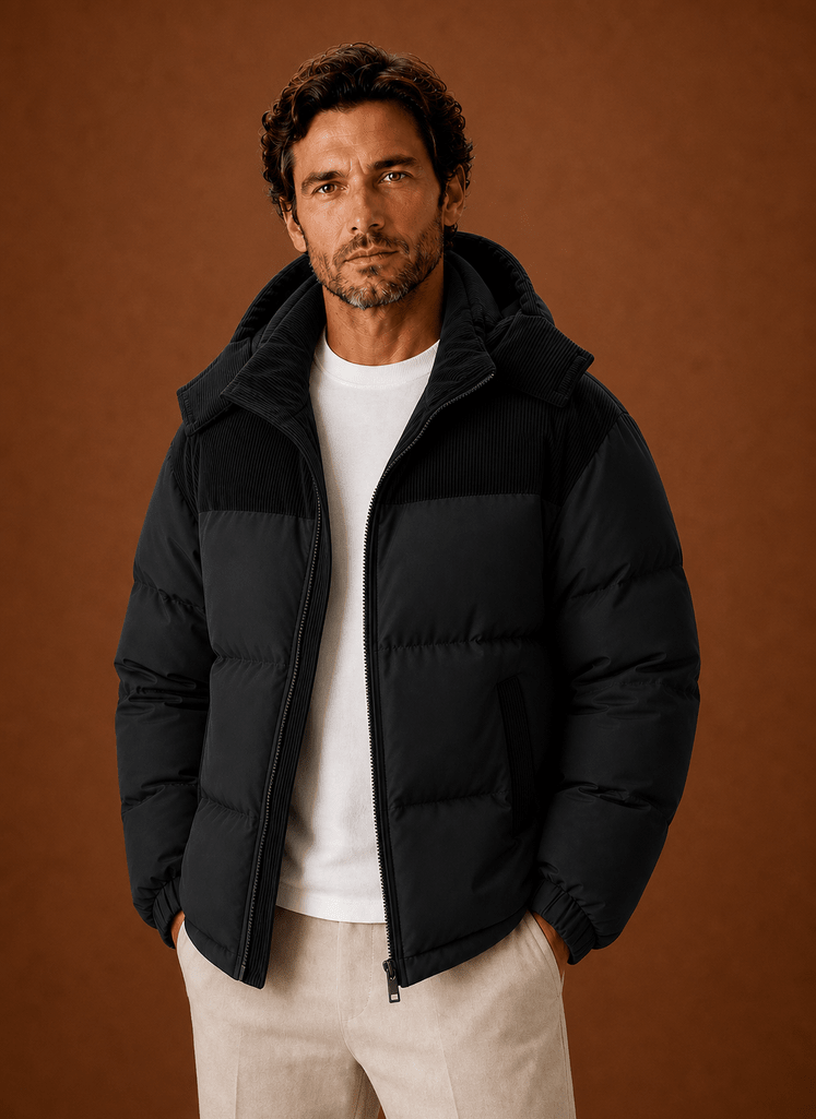 Męska Kurtka Puchowa | Luźny Krój z Kapturem i Zamkiem - Arkadya Outlet - Jackets