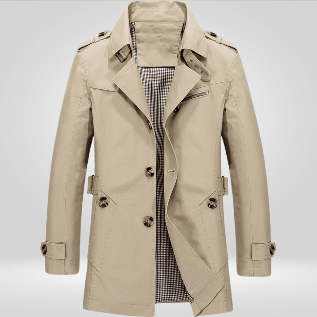 Męski Płaszcz Trencz | Regularny krój z paskiem i guzikami z przodu - Arkadya Outlet - Coats