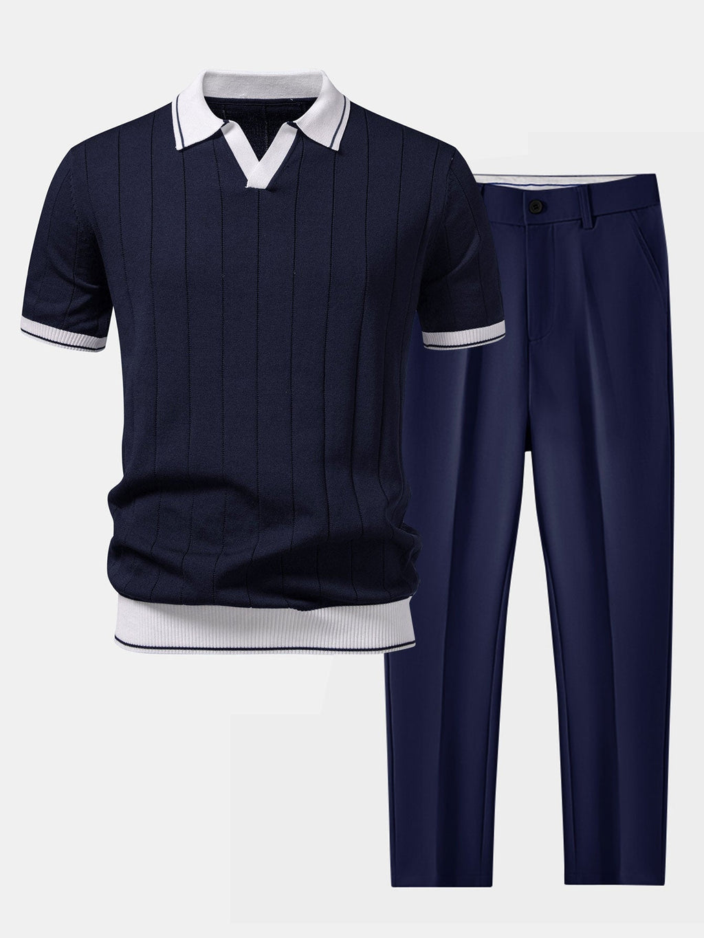 Męski Zestaw | Polo w Prążki z Dopasowanymi Spodniami - Arkadya Outlet - Sets