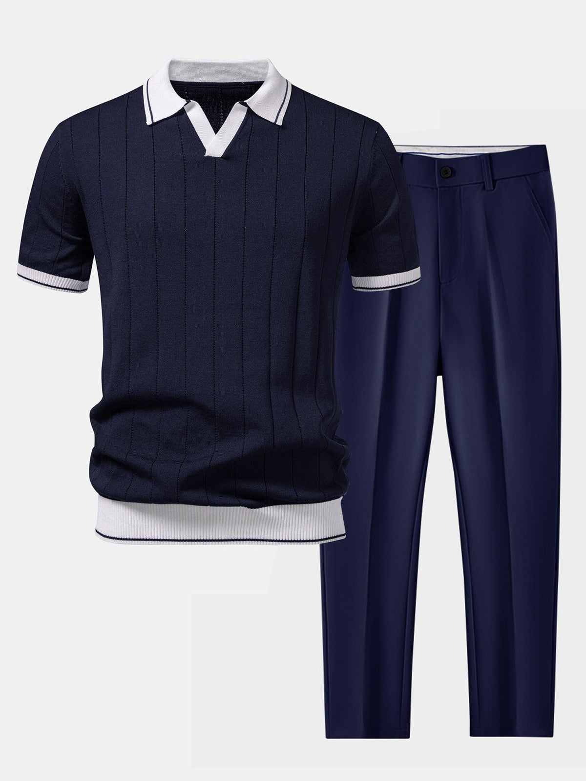 Męski Zestaw | Polo w Prążki z Dopasowanymi Spodniami - Arkadya Outlet - Sets